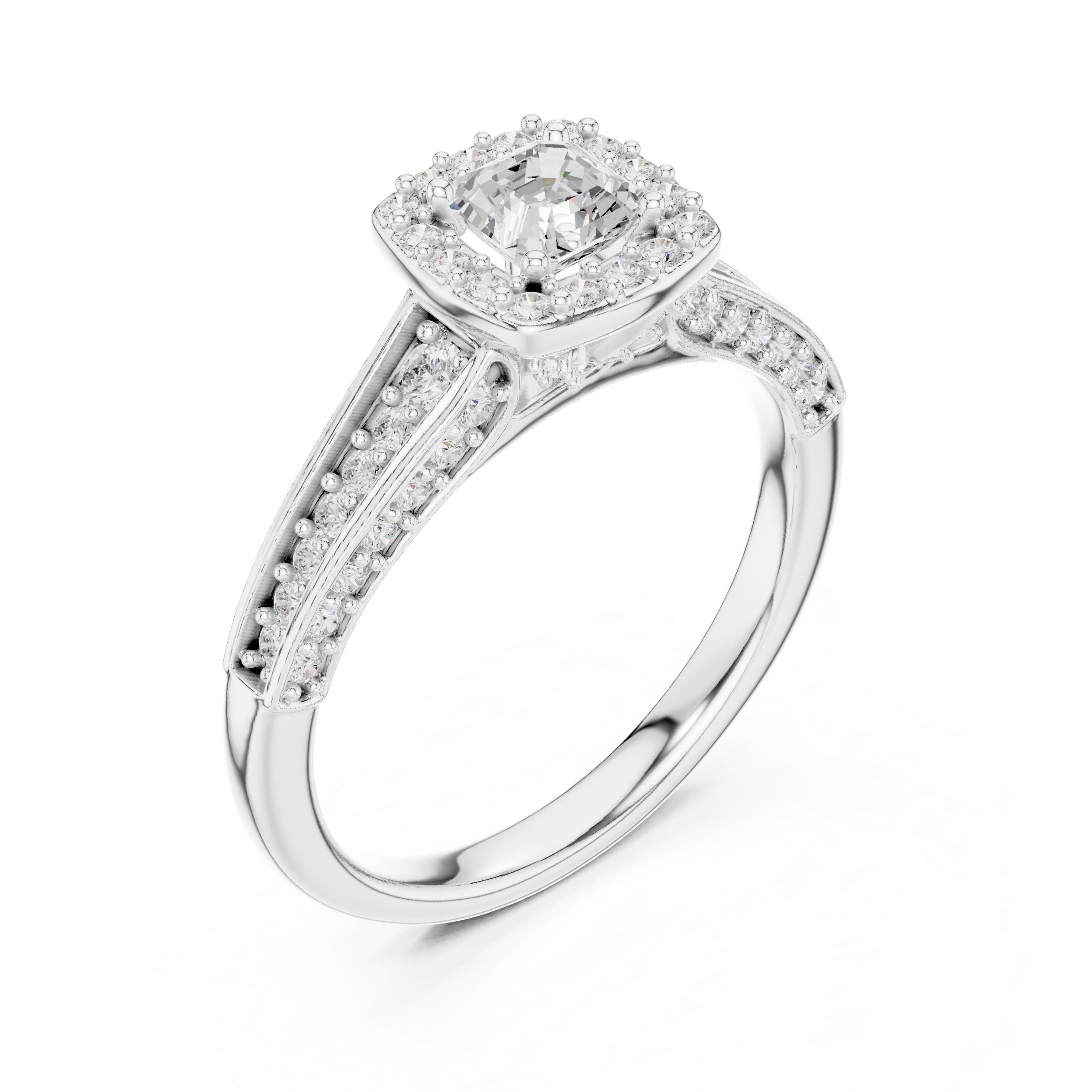Emerald Cut Halo Engagement Ring – Double Row Pavé Diamond Bridal Ring