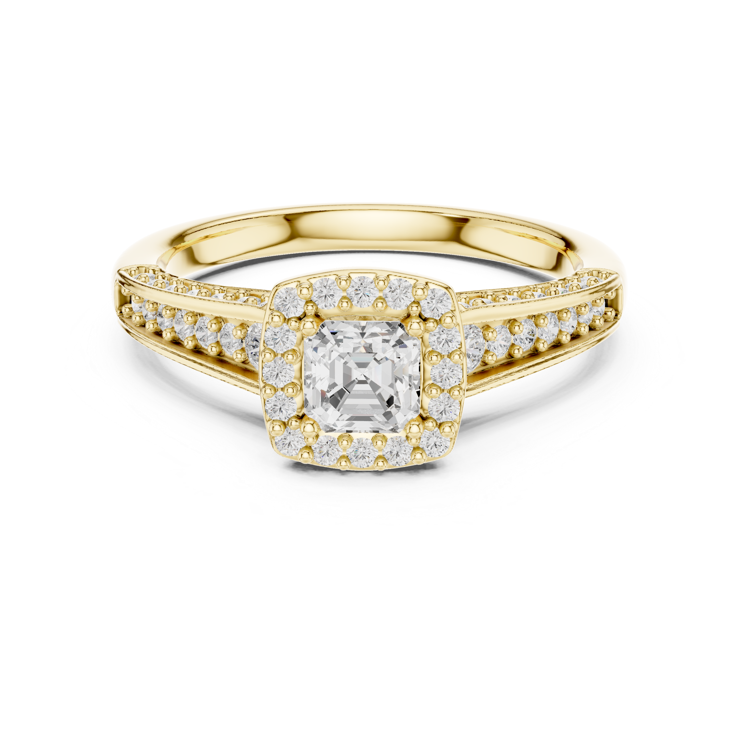 Emerald Cut Halo Engagement Ring – Double Row Pavé Diamond Bridal Ring
