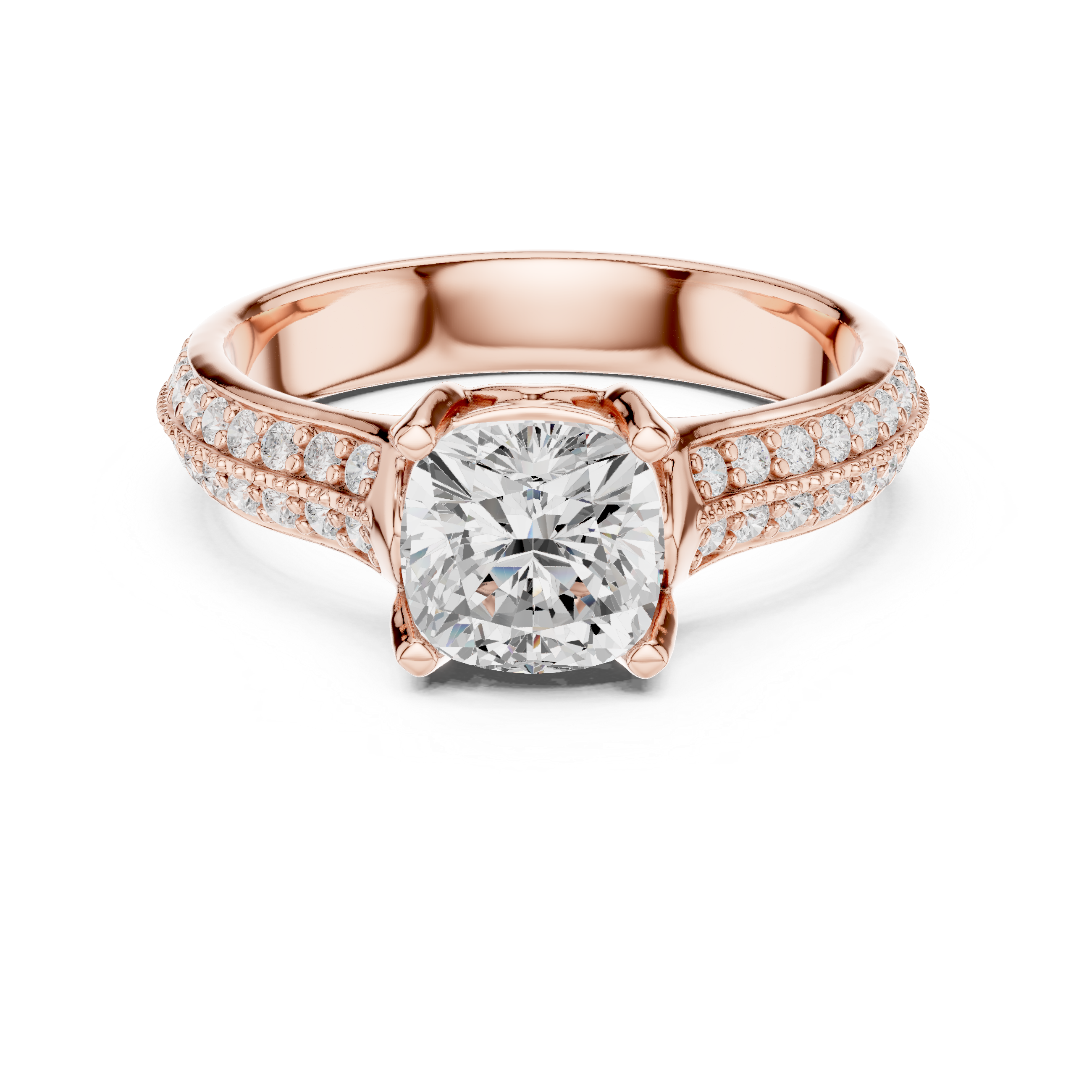 Cushion Cut Pavé Engagement Ring – Double Row Diamond Band Solitaire Ring