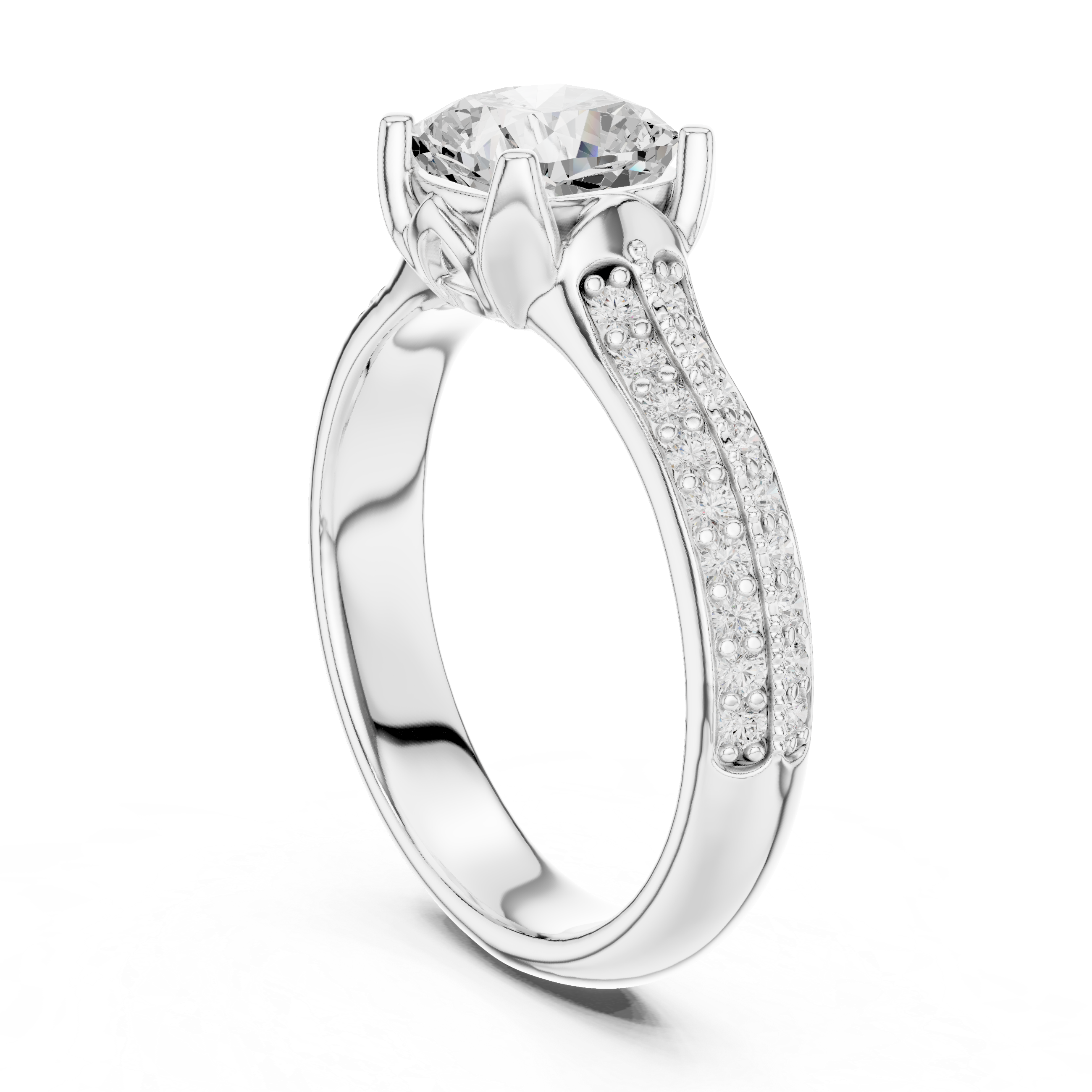 Cushion Cut Pavé Engagement Ring – Double Row Diamond Band Solitaire Ring