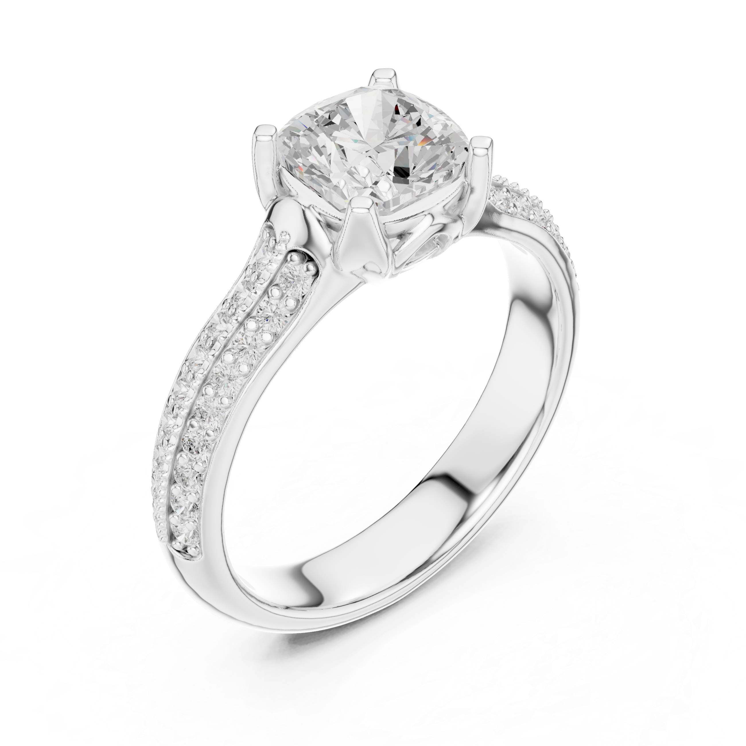 Cushion Cut Pavé Engagement Ring – Double Row Diamond Band Solitaire Ring