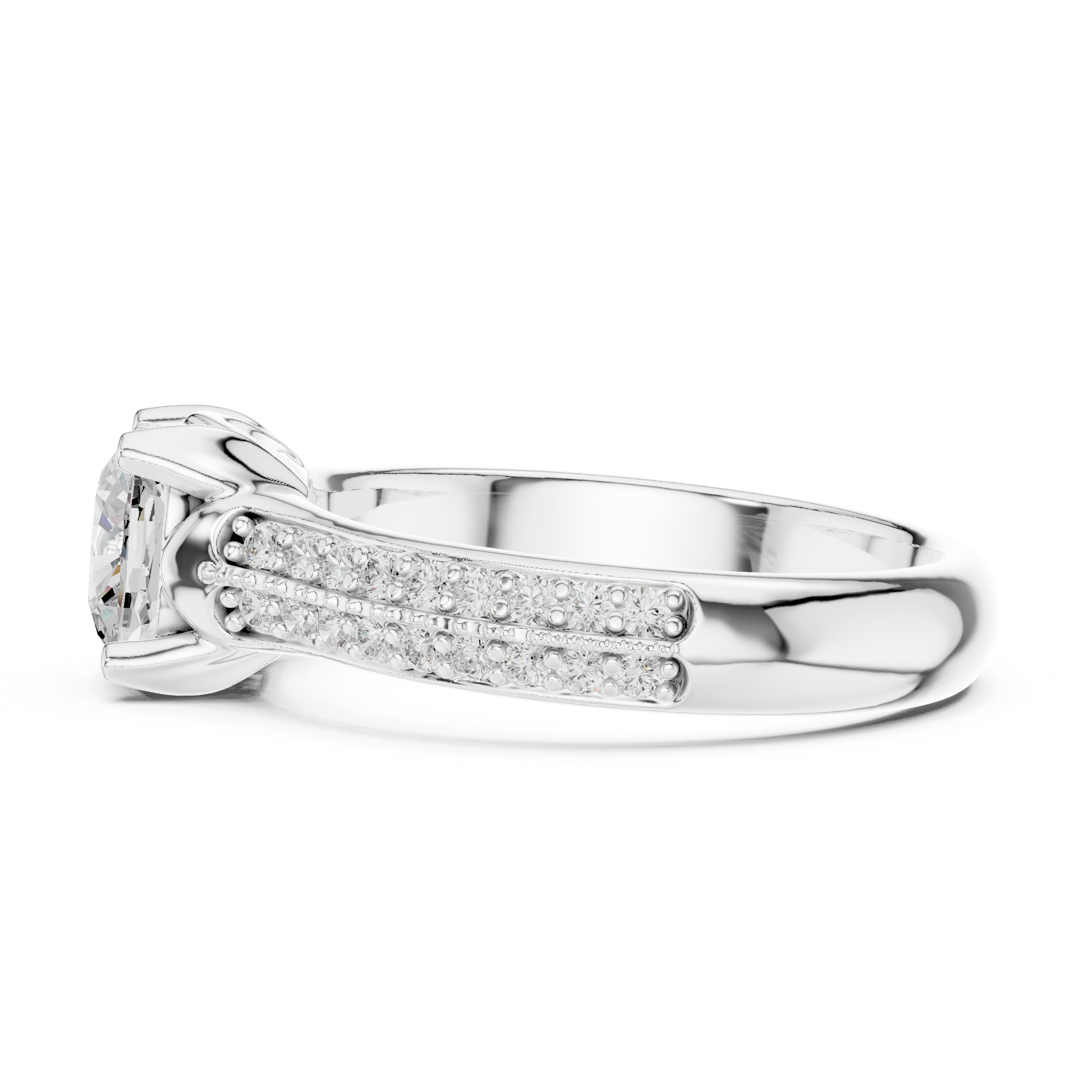 Cushion Cut Pavé Engagement Ring – Double Row Diamond Band Solitaire Ring
