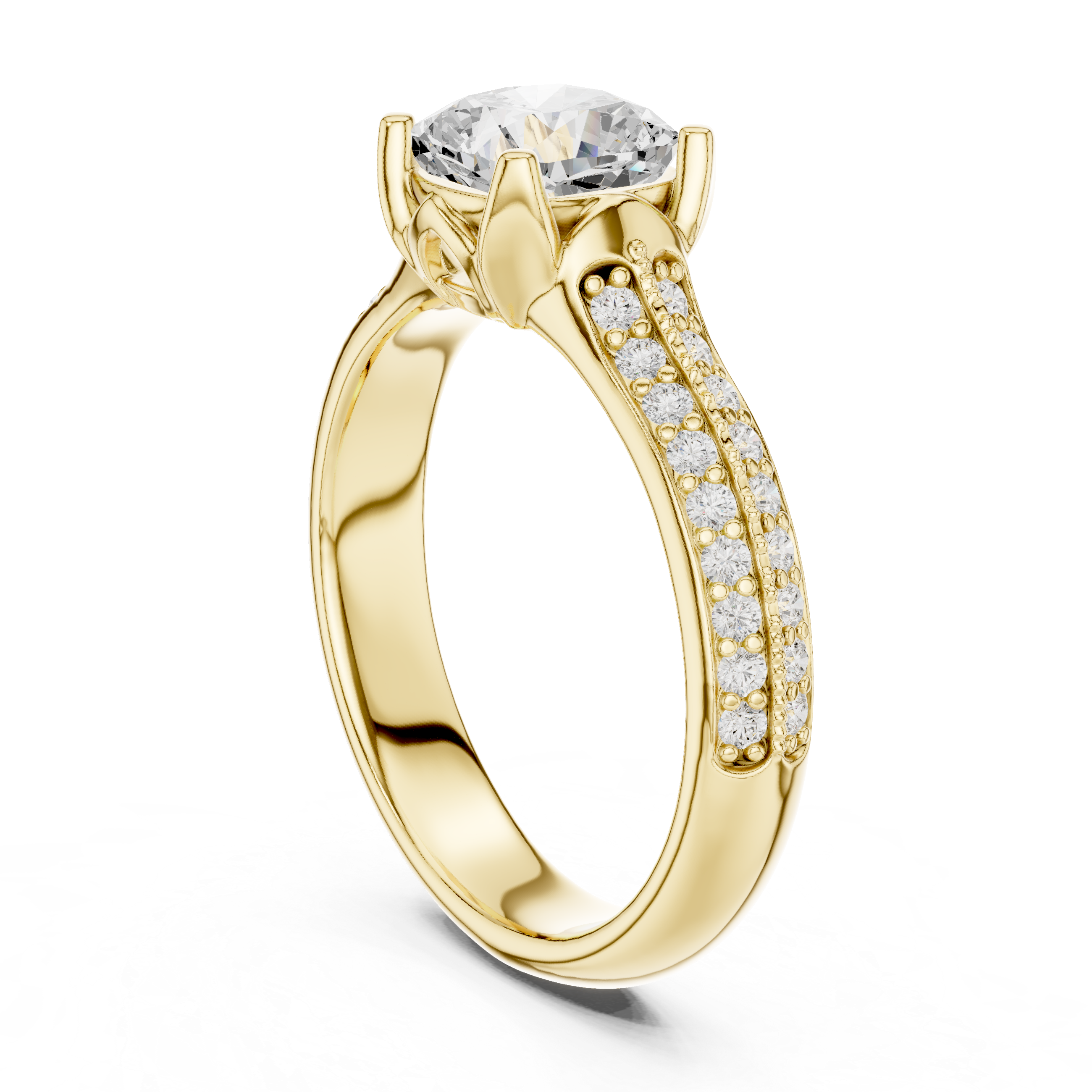 Cushion Cut Pavé Engagement Ring – Double Row Diamond Band Solitaire Ring