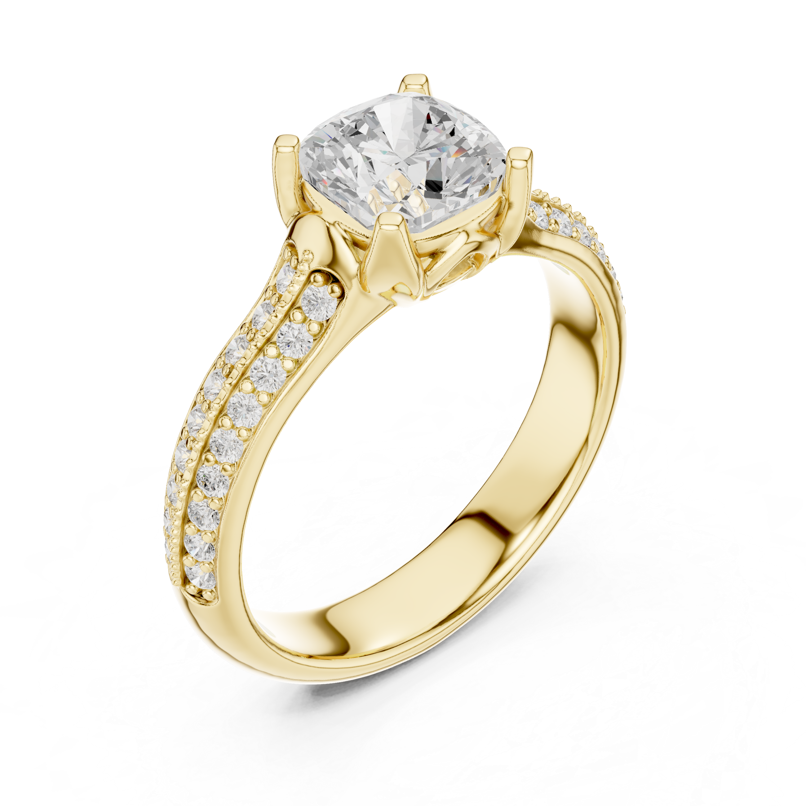 Cushion Cut Pavé Engagement Ring – Double Row Diamond Band Solitaire Ring