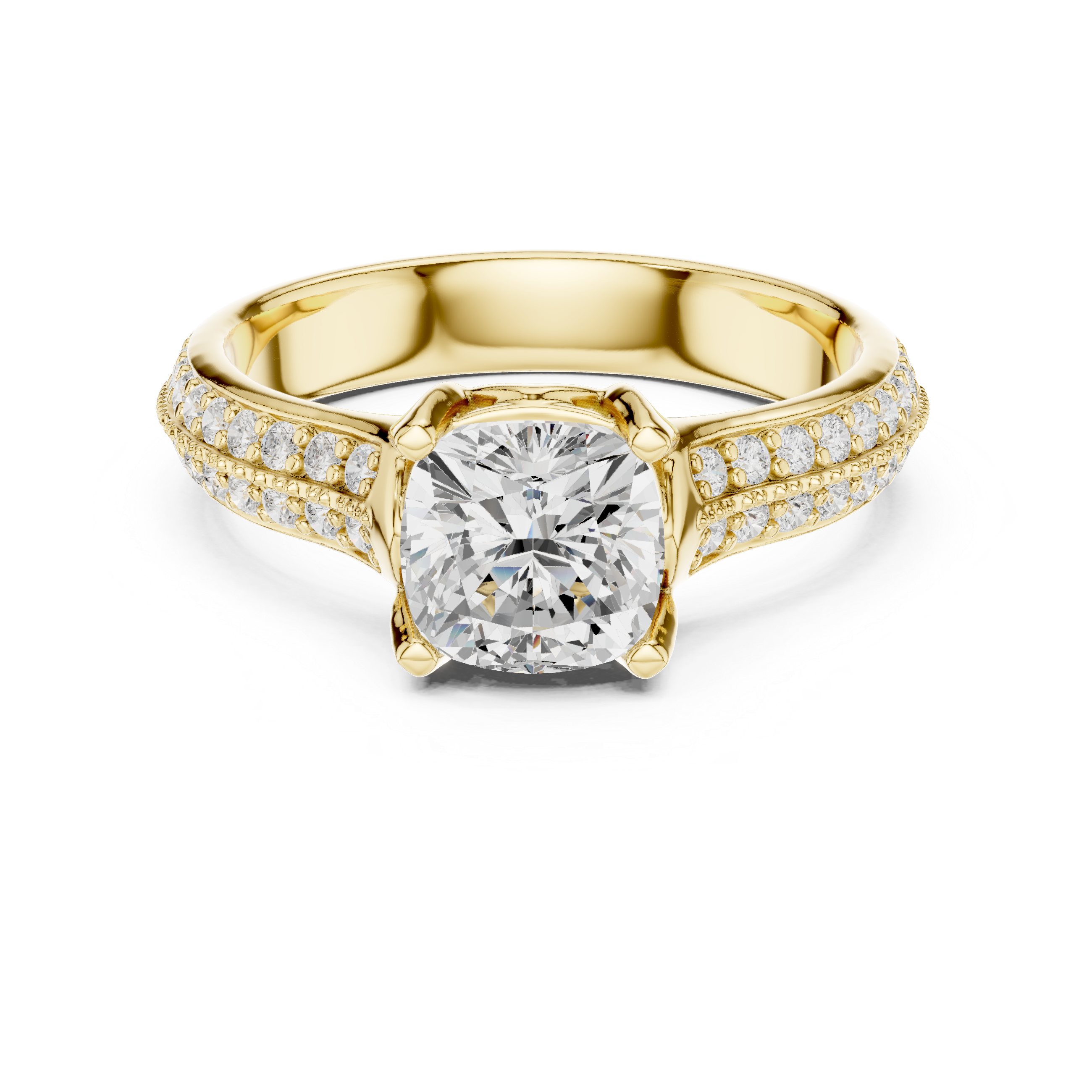 Cushion Cut Pavé Engagement Ring – Double Row Diamond Band Solitaire Ring