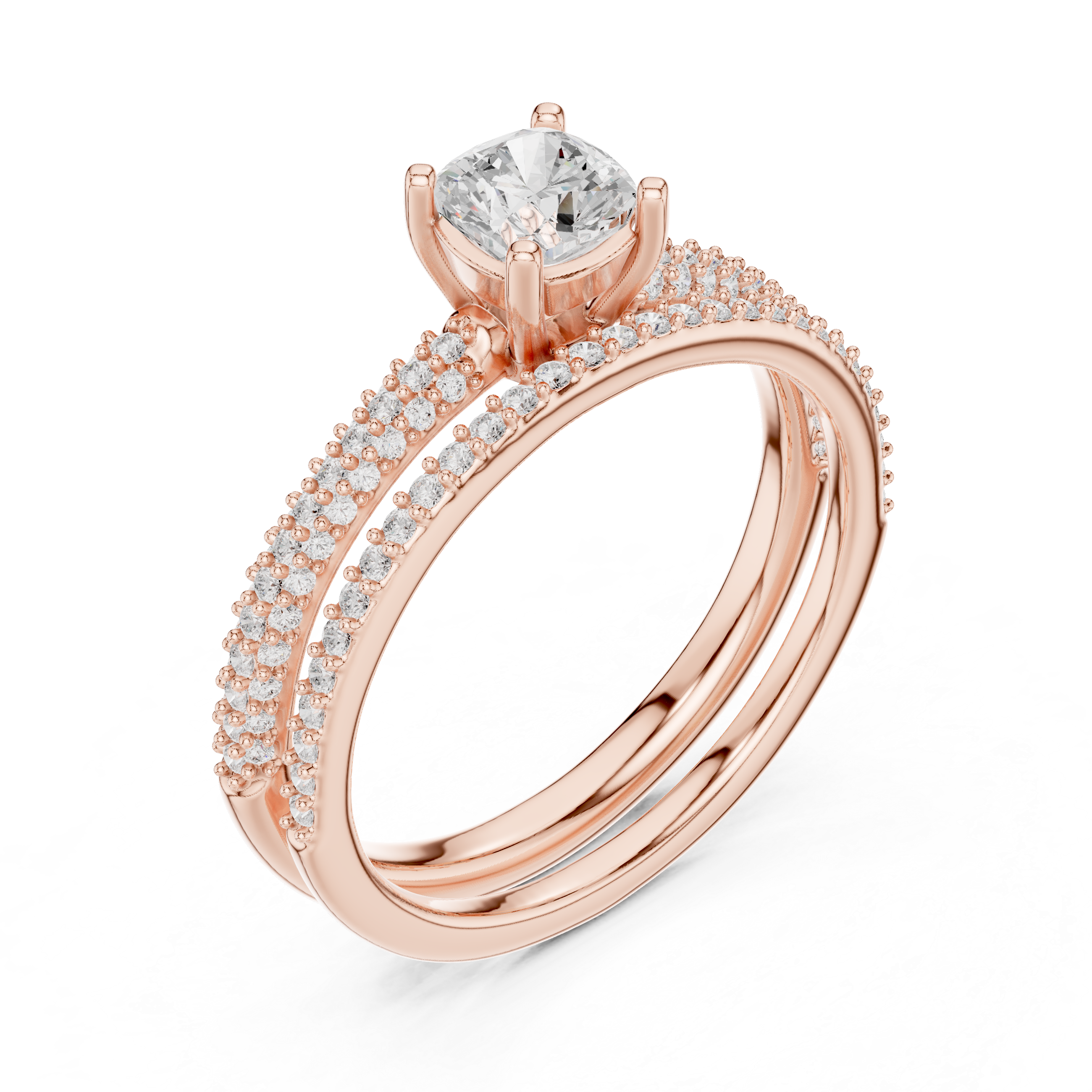 Cushion Cut Bridal Ring Set – Double Band Pavé Engagement Ring