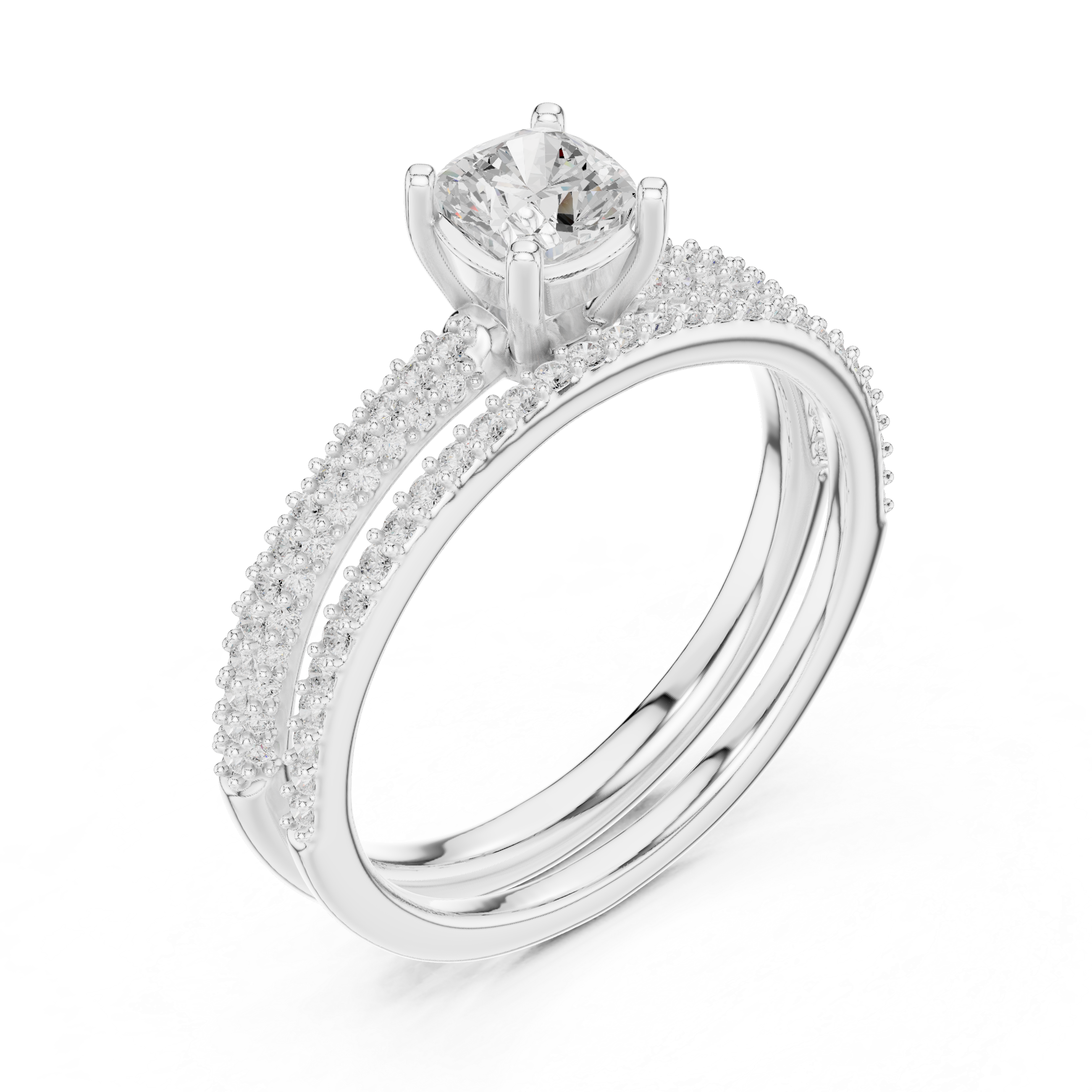 Cushion Cut Bridal Ring Set – Double Band Pavé Engagement Ring