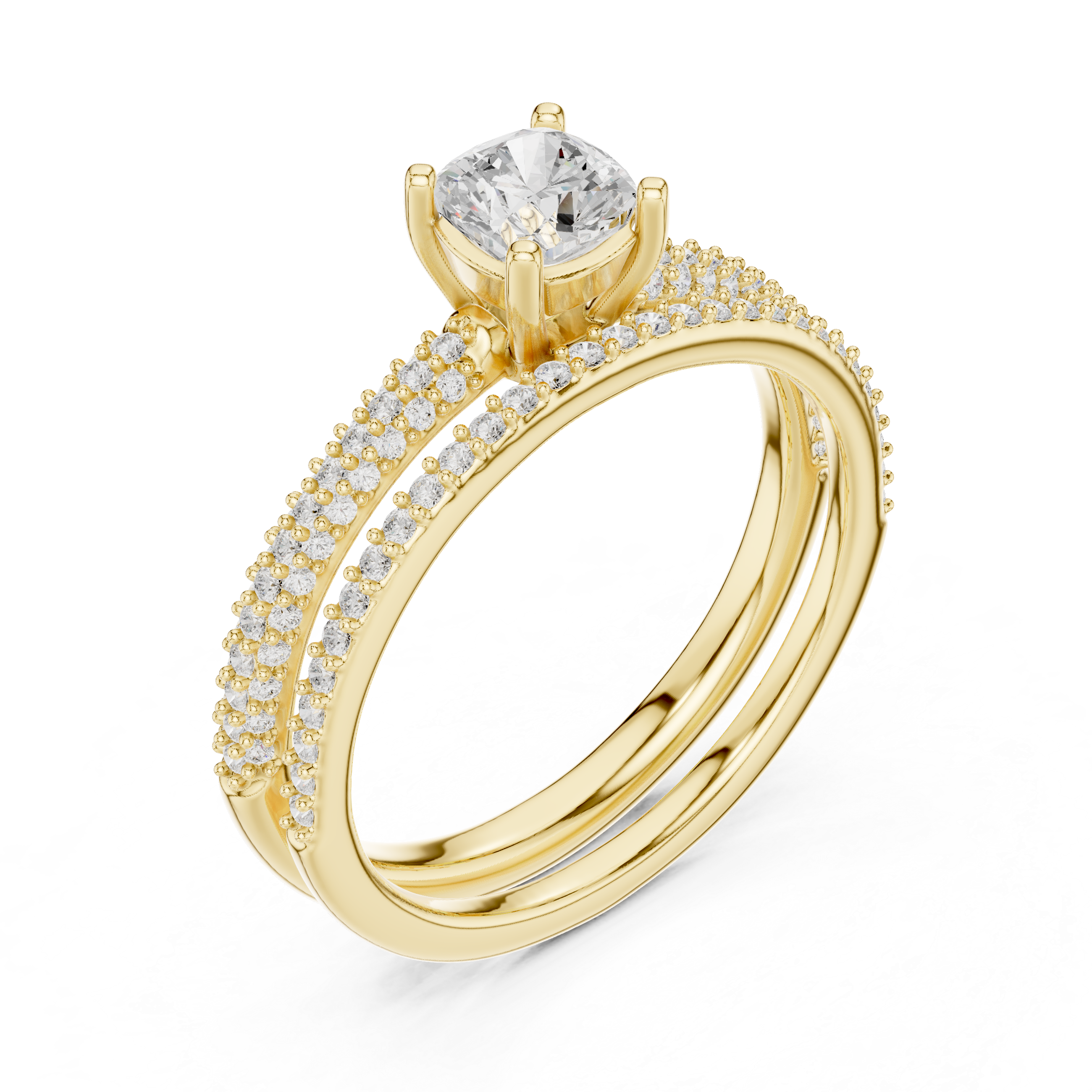 Cushion Cut Bridal Ring Set – Double Band Pavé Engagement Ring