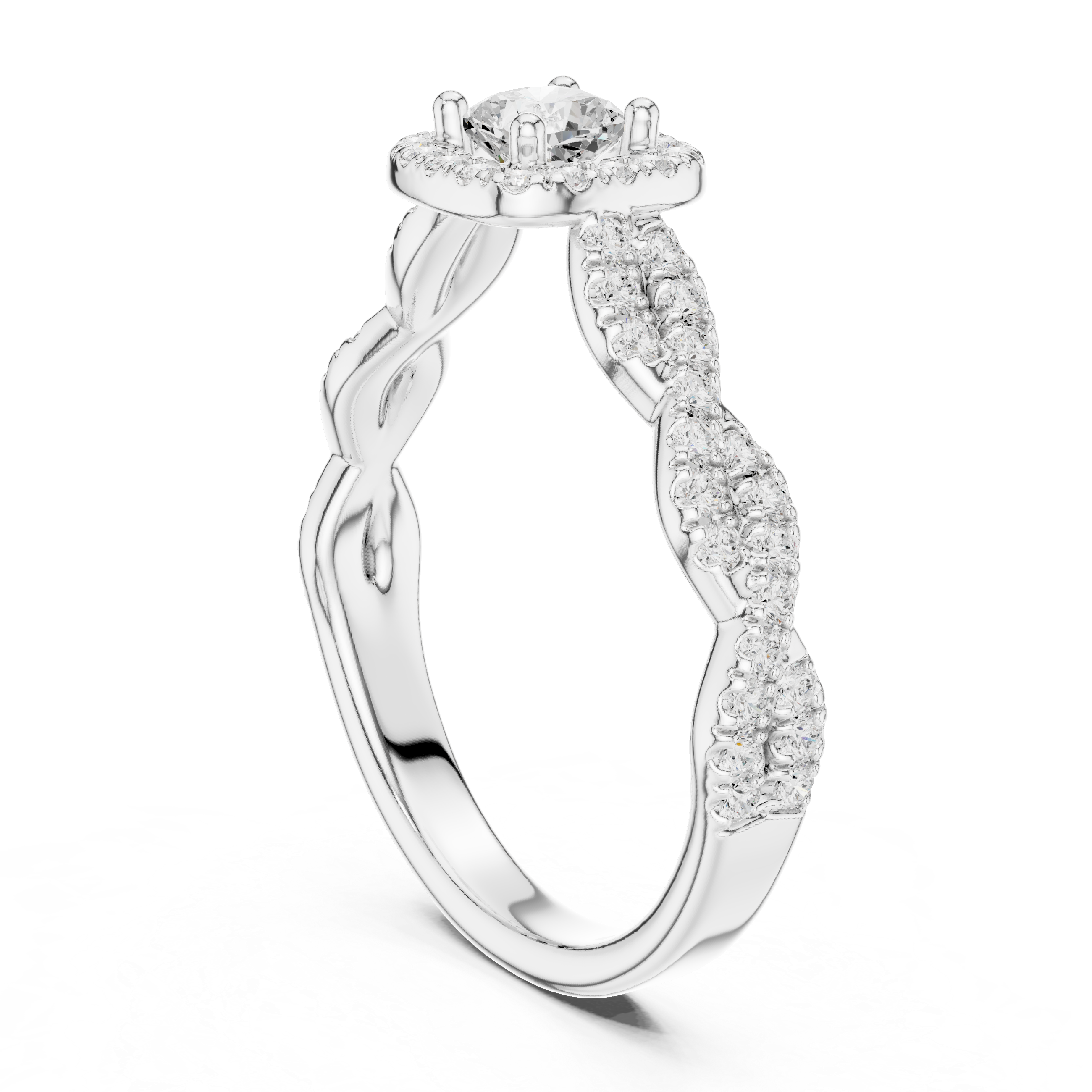 Cushion Cut Halo Engagement Ring – Twisted Pavé Diamond Infinity Ring
