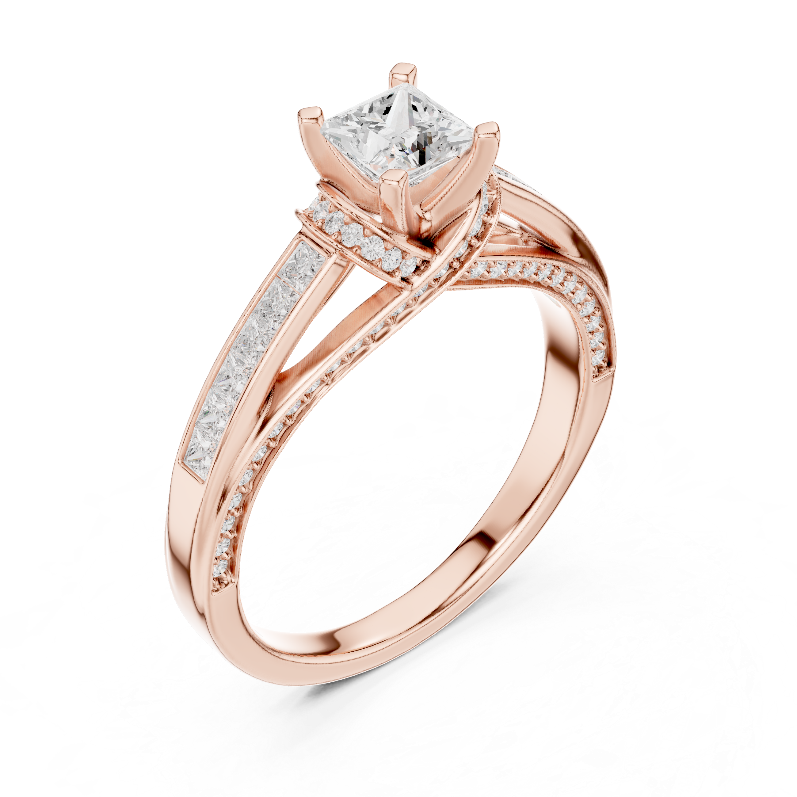 Princess Cut Diamond Engagement Ring – Twisted Split Shank Halo Ring