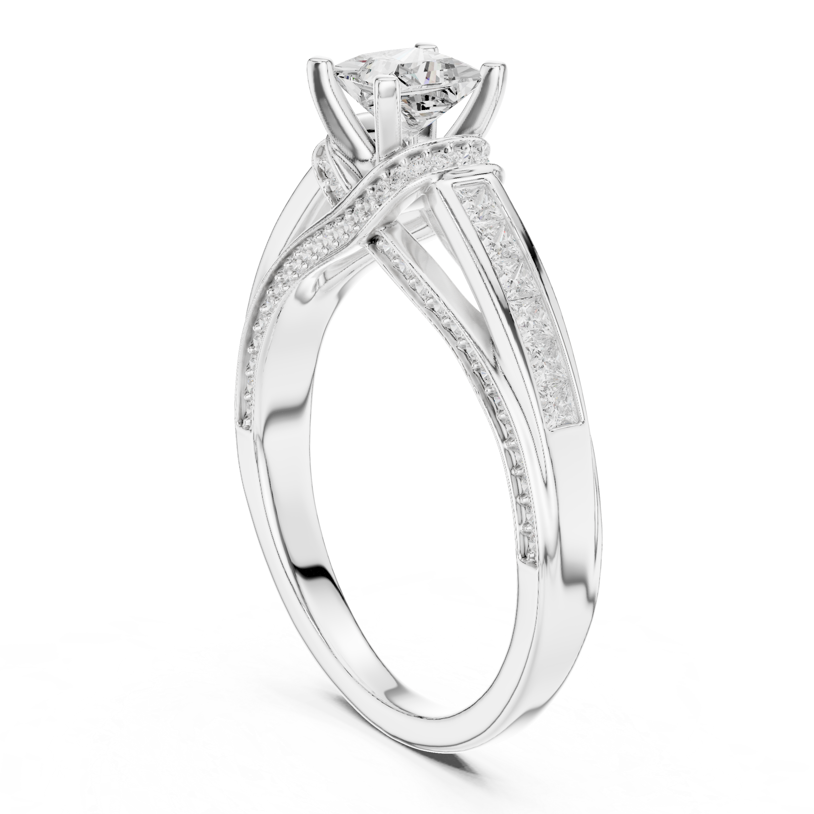 Princess Cut Diamond Engagement Ring – Twisted Split Shank Halo Ring