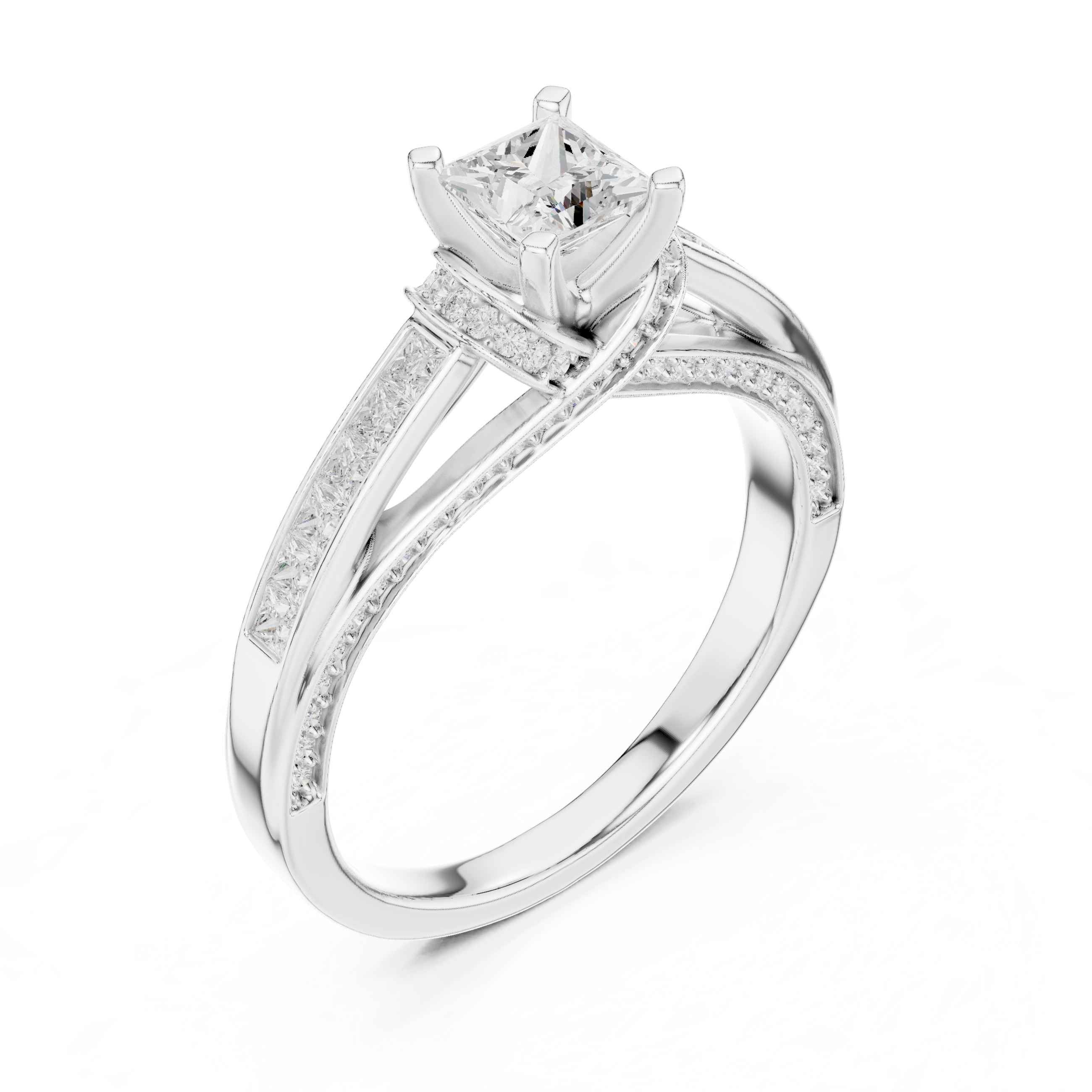 Princess Cut Diamond Engagement Ring – Twisted Split Shank Halo Ring