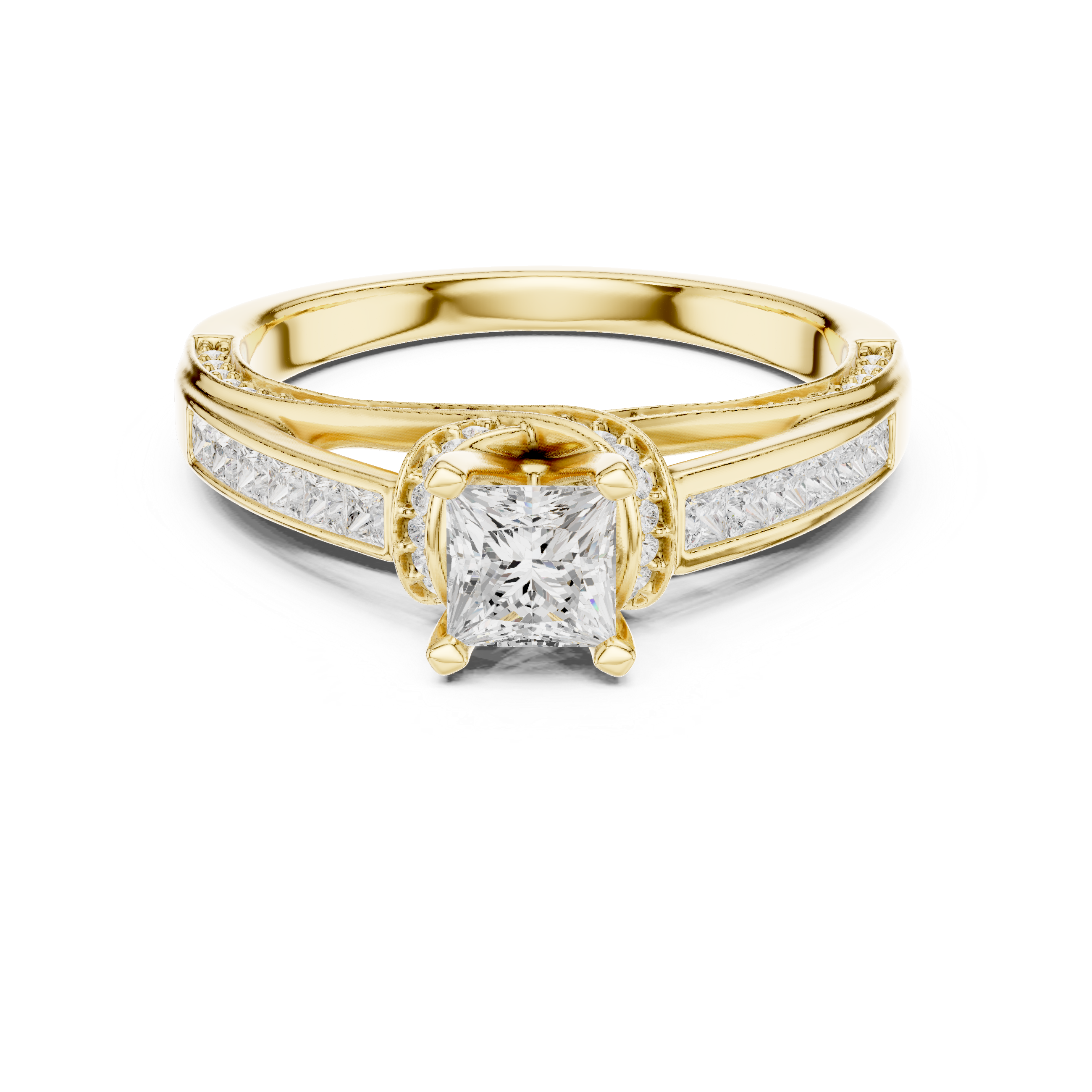 Princess Cut Diamond Engagement Ring – Twisted Split Shank Halo Ring