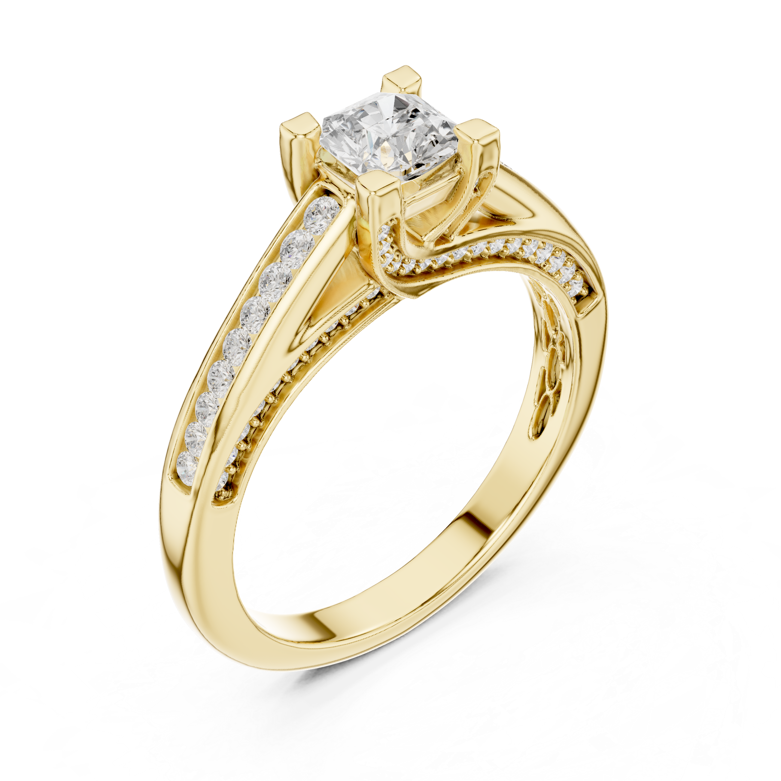 Princess Cut Diamond Engagement Ring – Cathedral Solitaire with Pavé Split Shoulders