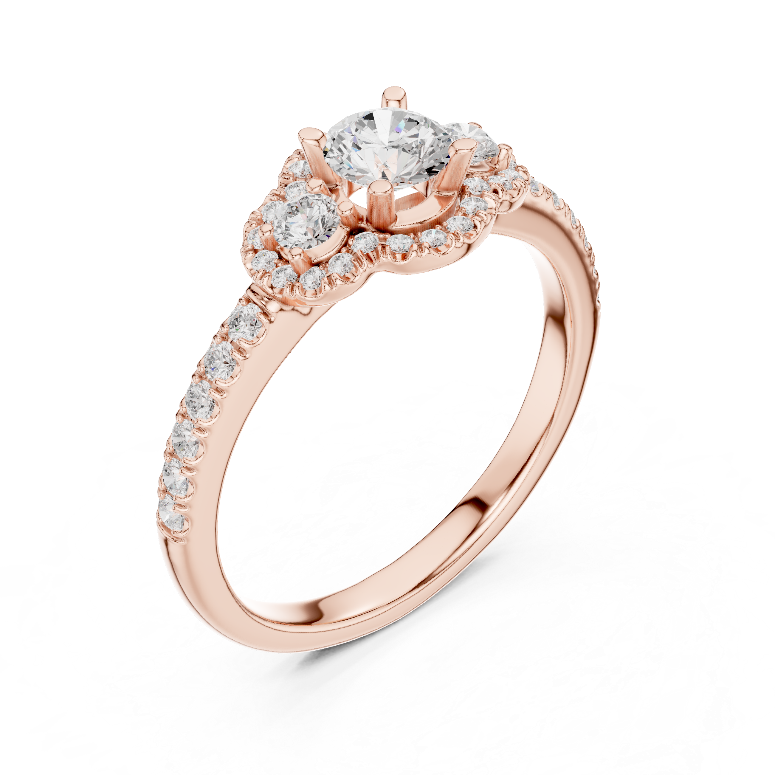 Vintage Halo Diamond Engagement Ring – Round Cut Triple Stone Pavé Ring