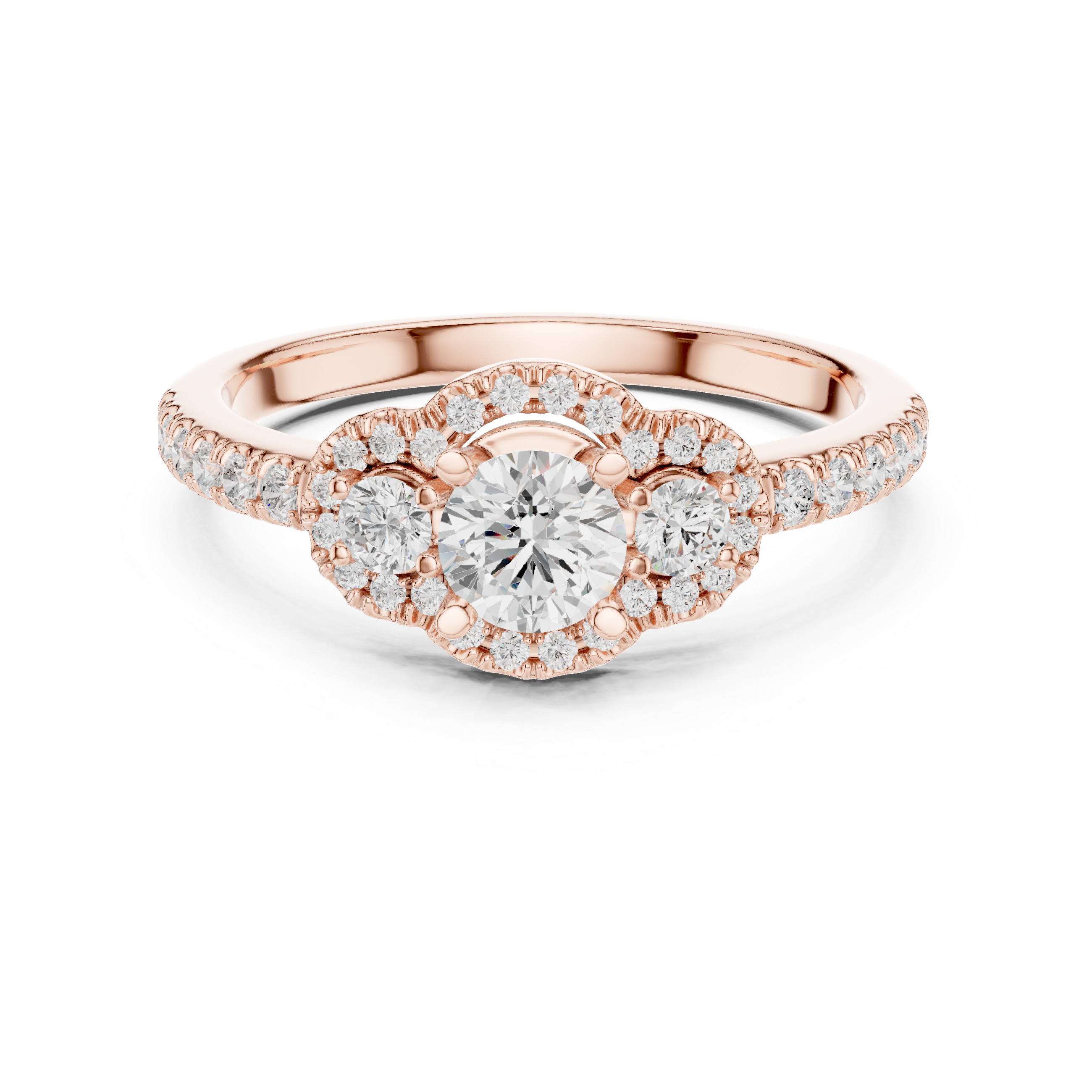 Vintage Halo Diamond Engagement Ring – Round Cut Triple Stone Pavé Ring