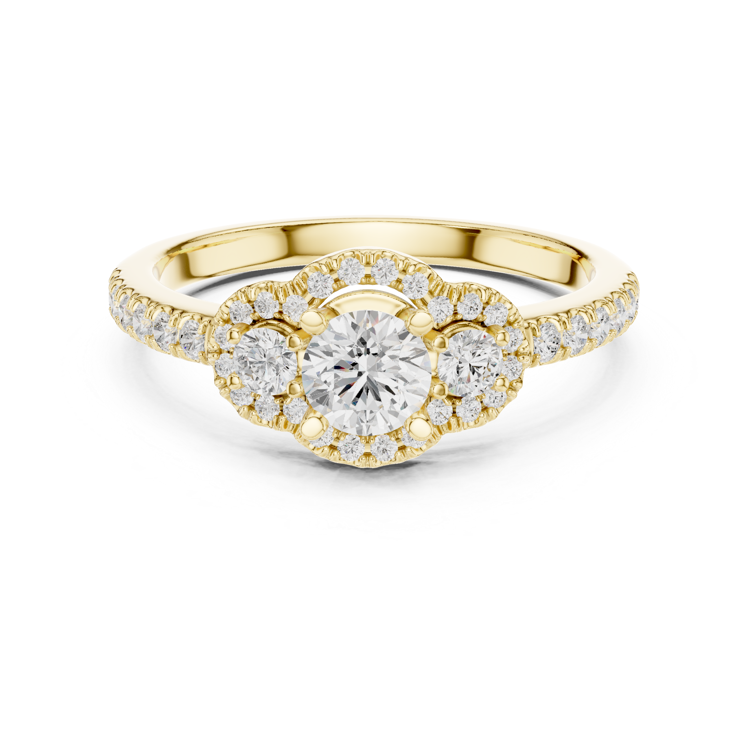 Vintage Halo Diamond Engagement Ring – Round Cut Triple Stone Pavé Ring