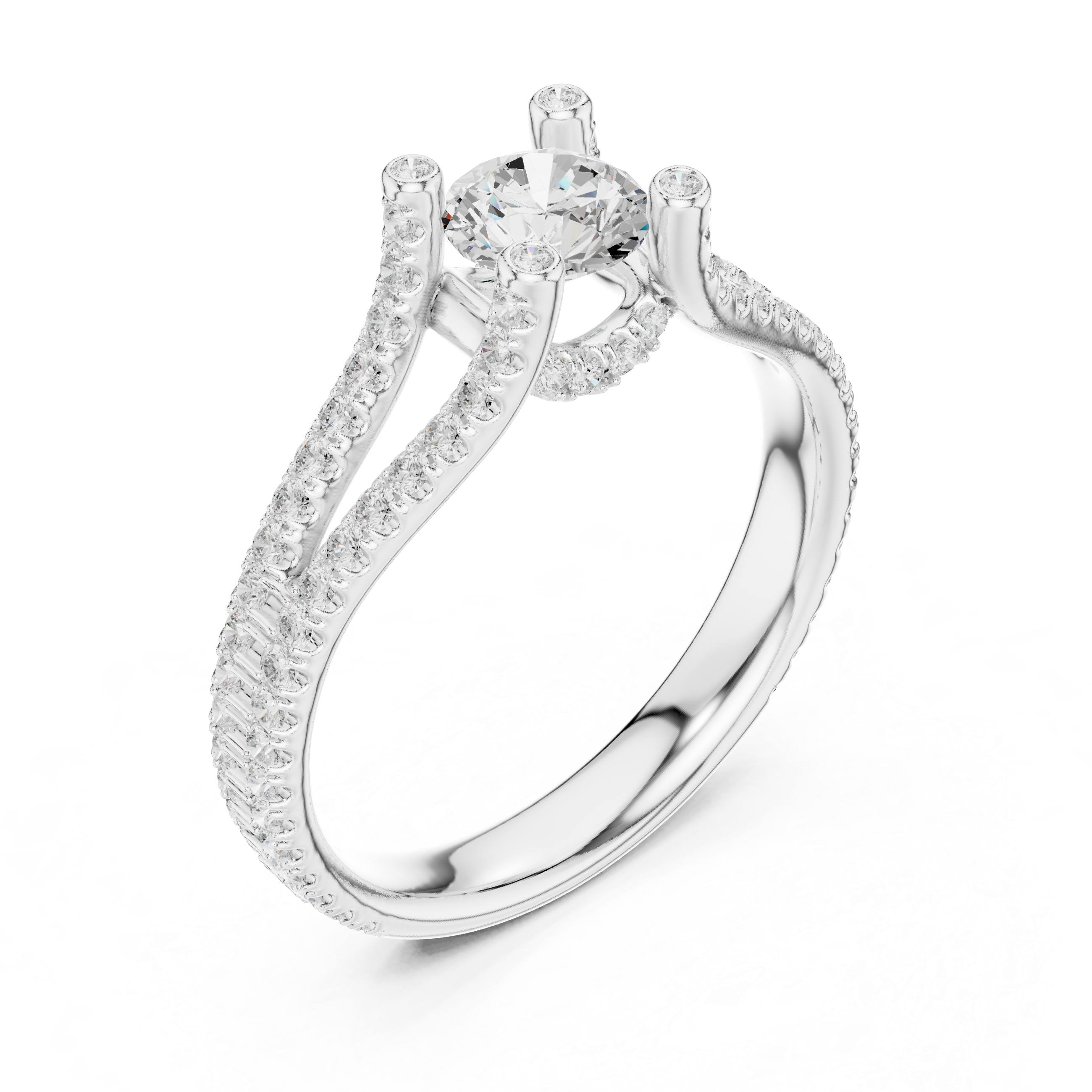 Split Shank Diamond Engagement Ring – Double Pavé Band Round Solitaire Ring