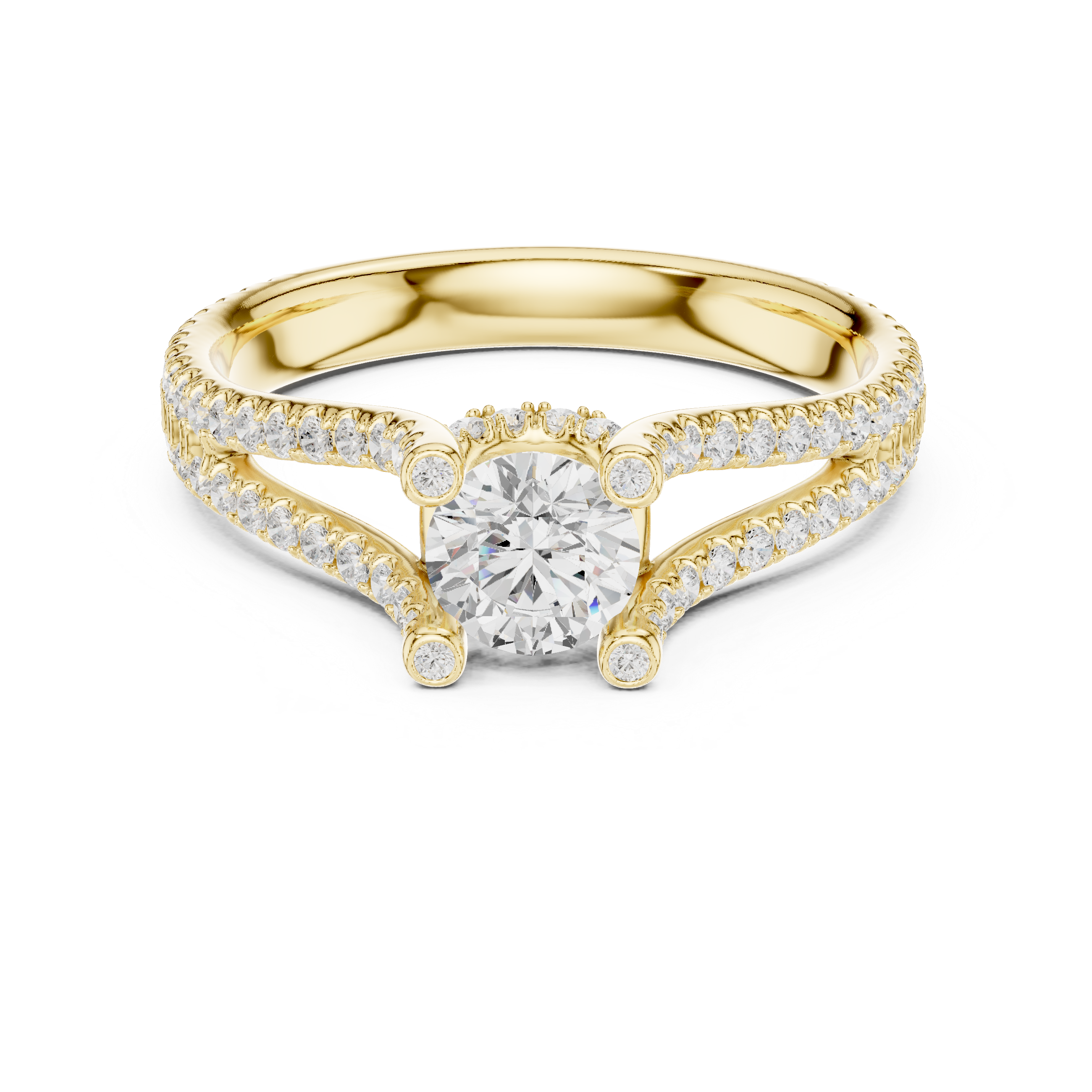 Split Shank Diamond Engagement Ring – Double Pavé Band Round Solitaire Ring