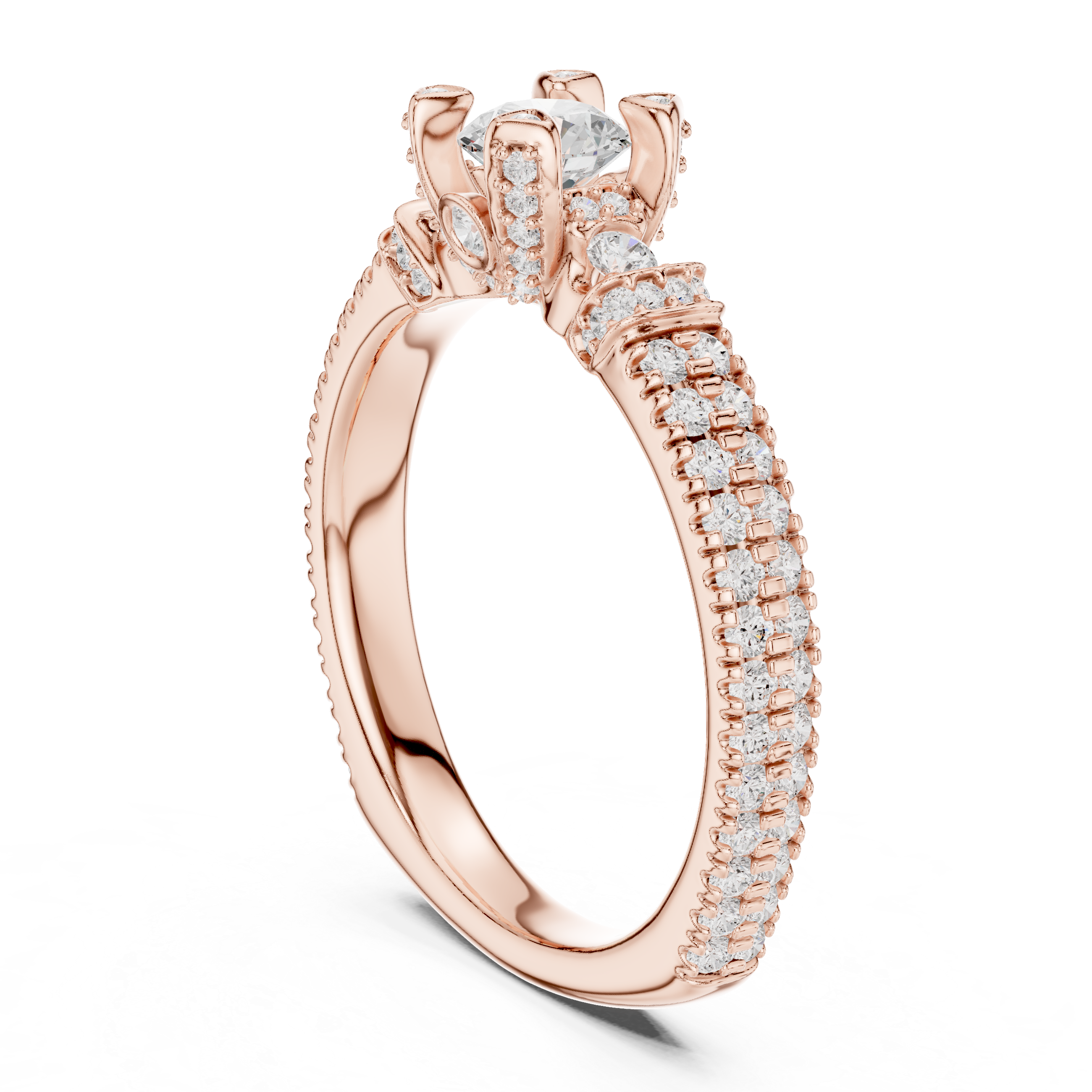 Vintage Halo Diamond Engagement Ring – Pavé Band Round Solitaire Bridal Ring