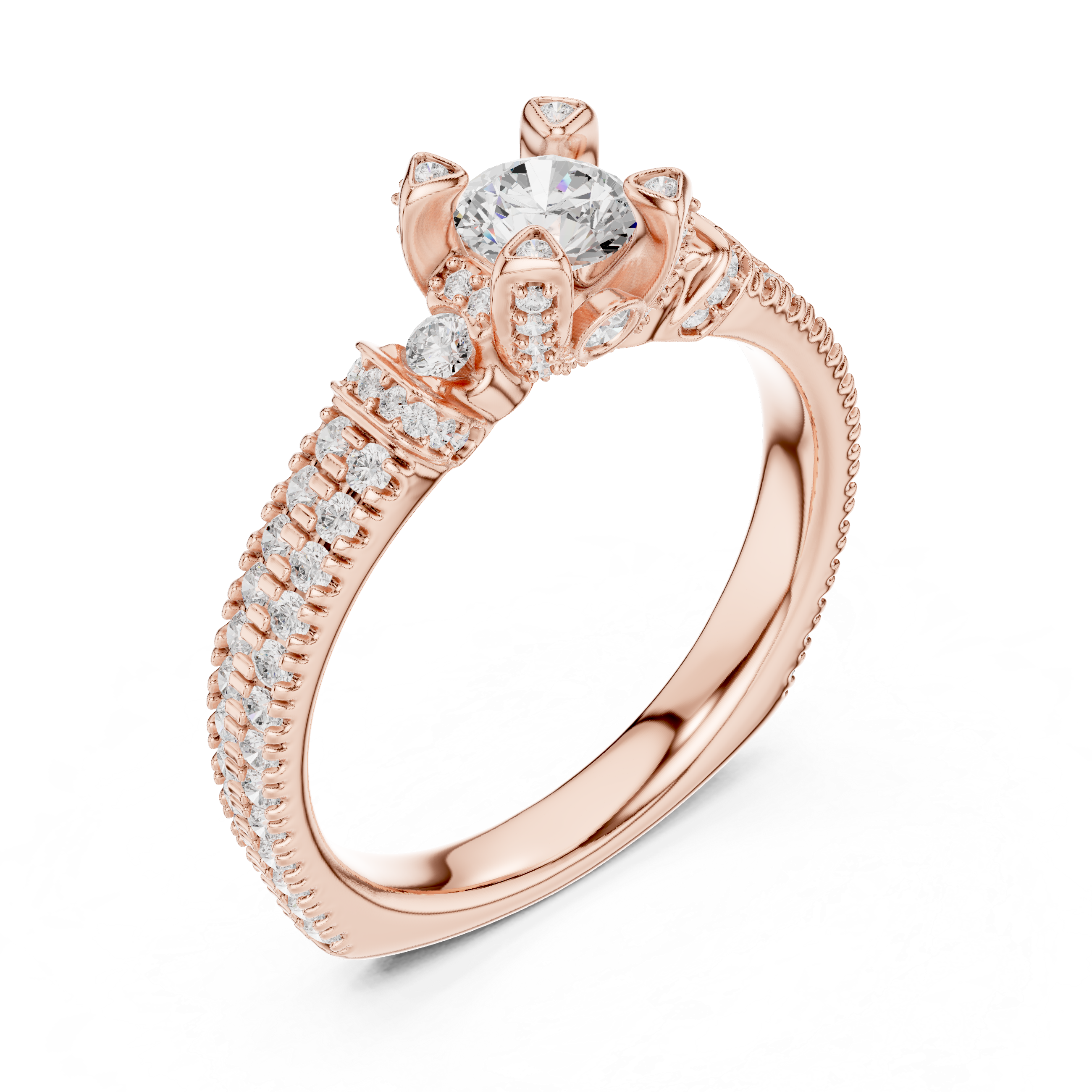 Vintage Halo Diamond Engagement Ring – Pavé Band Round Solitaire Bridal Ring
