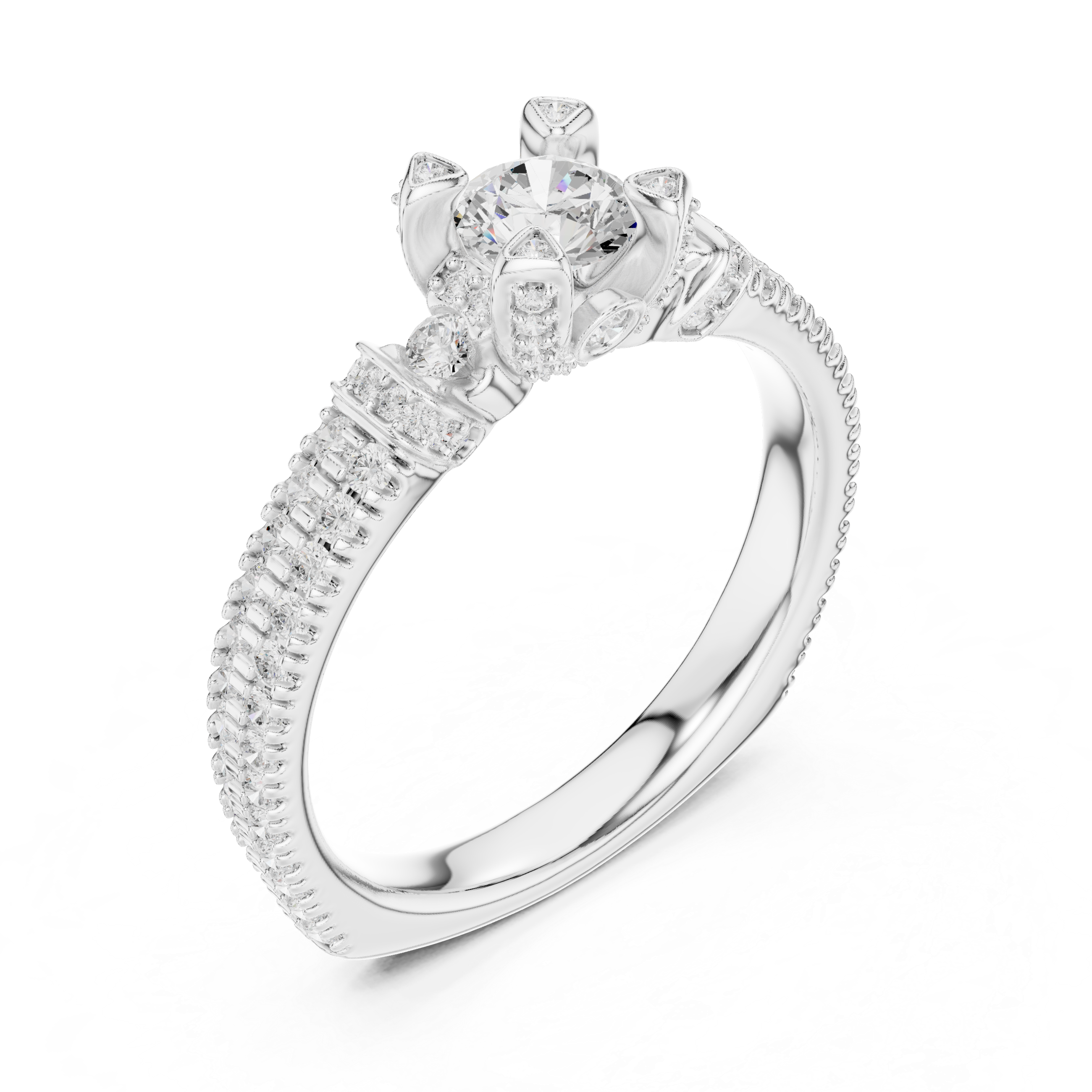 Vintage Halo Diamond Engagement Ring – Pavé Band Round Solitaire Bridal Ring