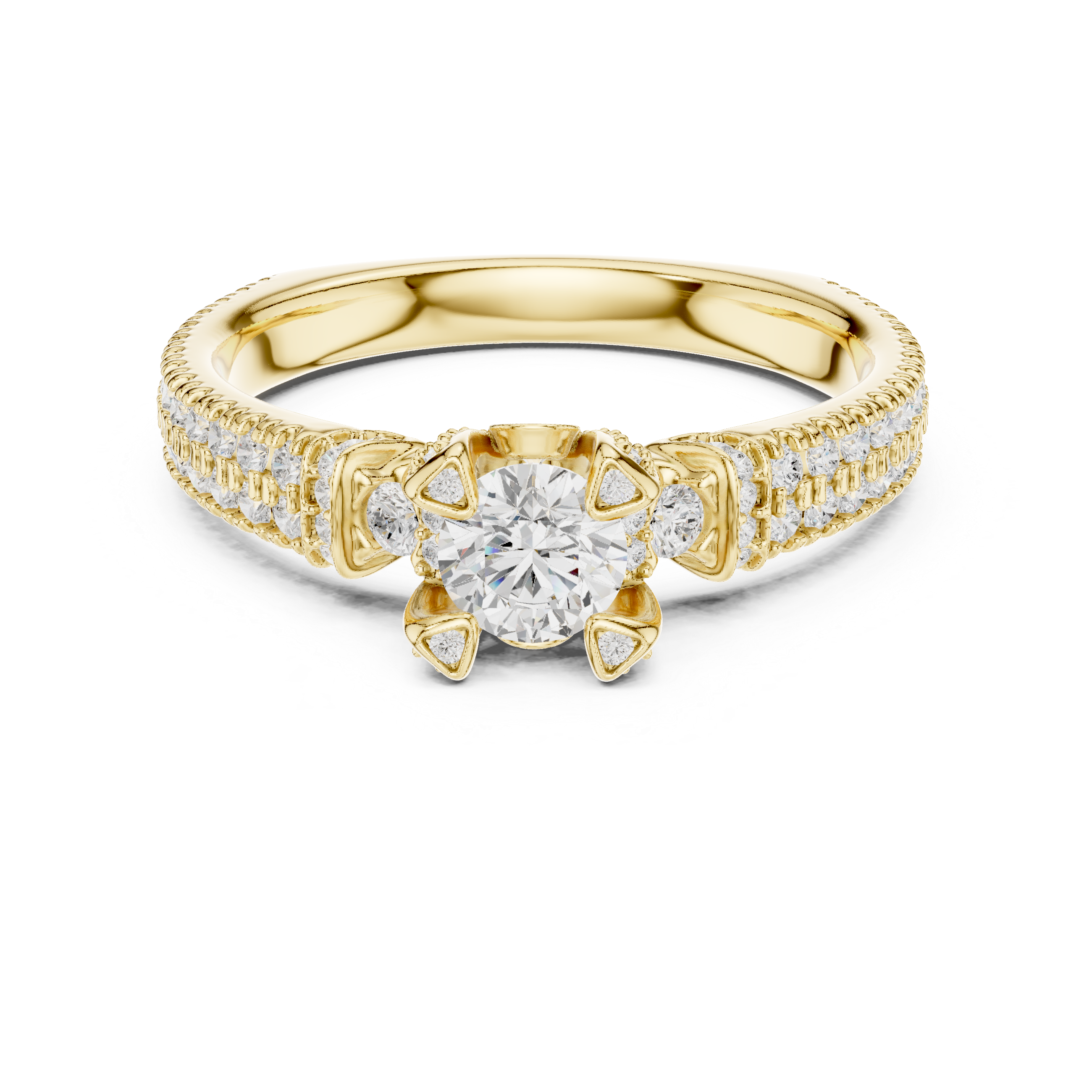 Vintage Halo Diamond Engagement Ring – Pavé Band Round Solitaire Bridal Ring