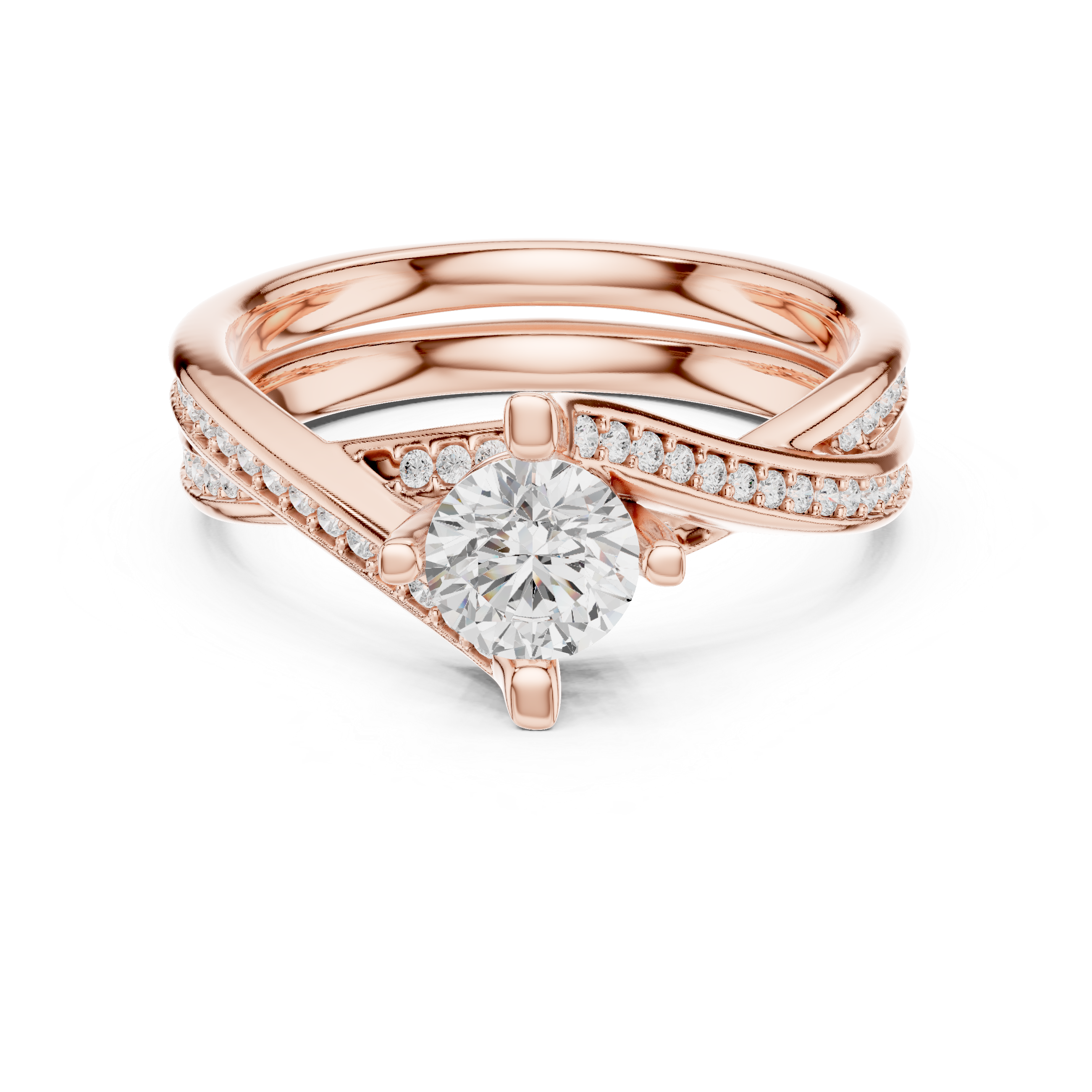 Twisted Split Shank Diamond Engagement Ring – Criss Cross Pavé Solitaire Ring