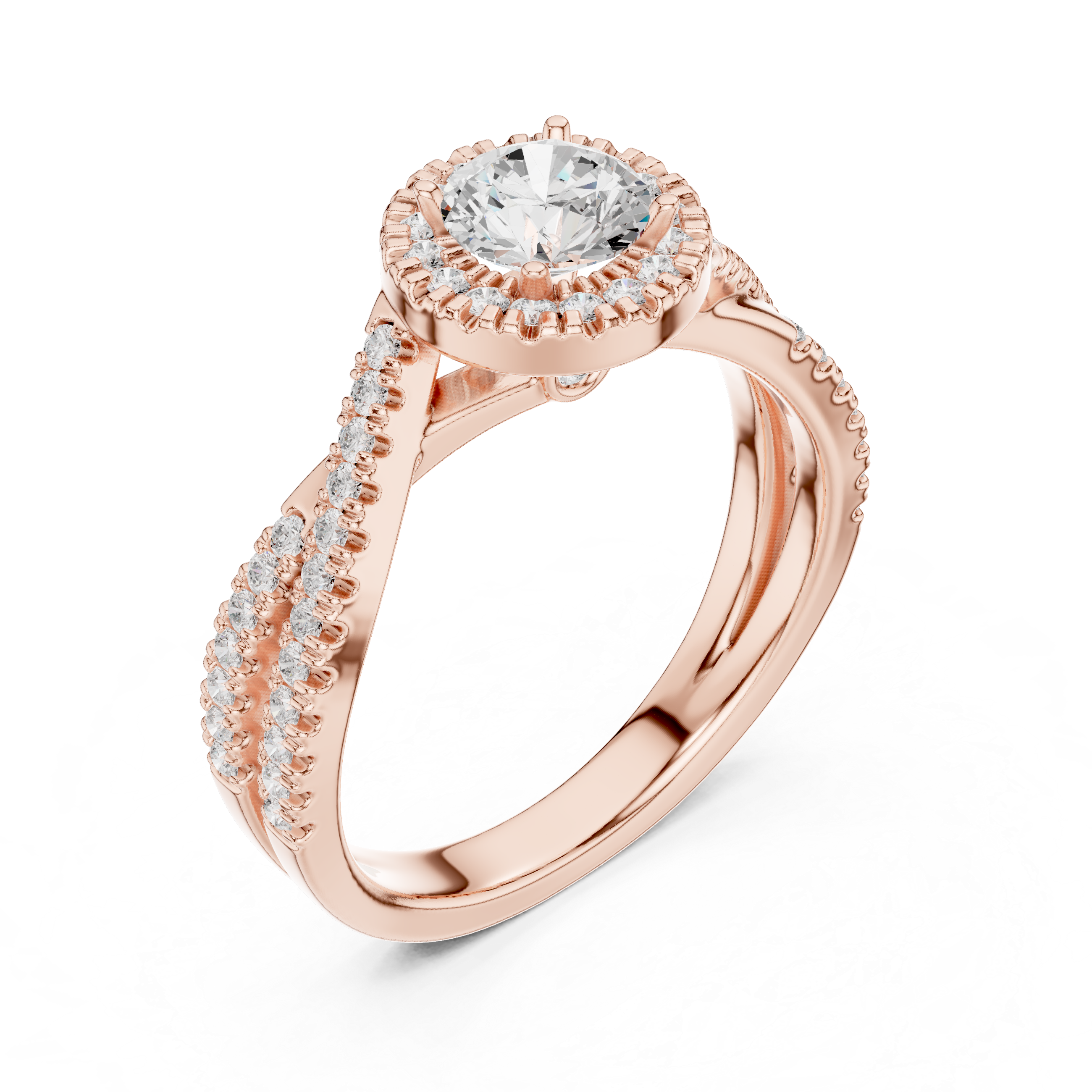 Halo Split Shank Diamond Engagement Ring – Round Cut Pavé Bridal Ring