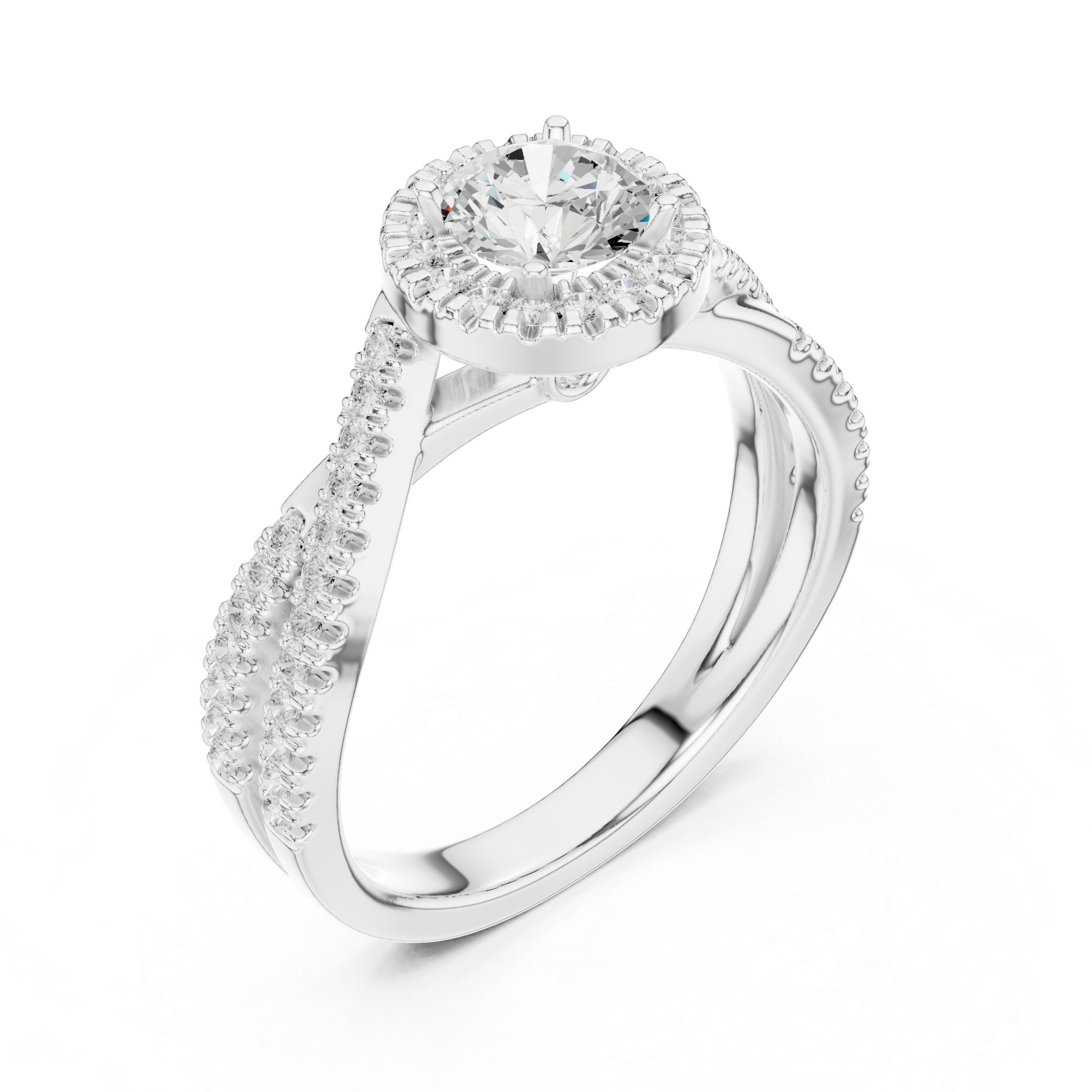 Halo Split Shank Diamond Engagement Ring – Round Cut Pavé Bridal Ring