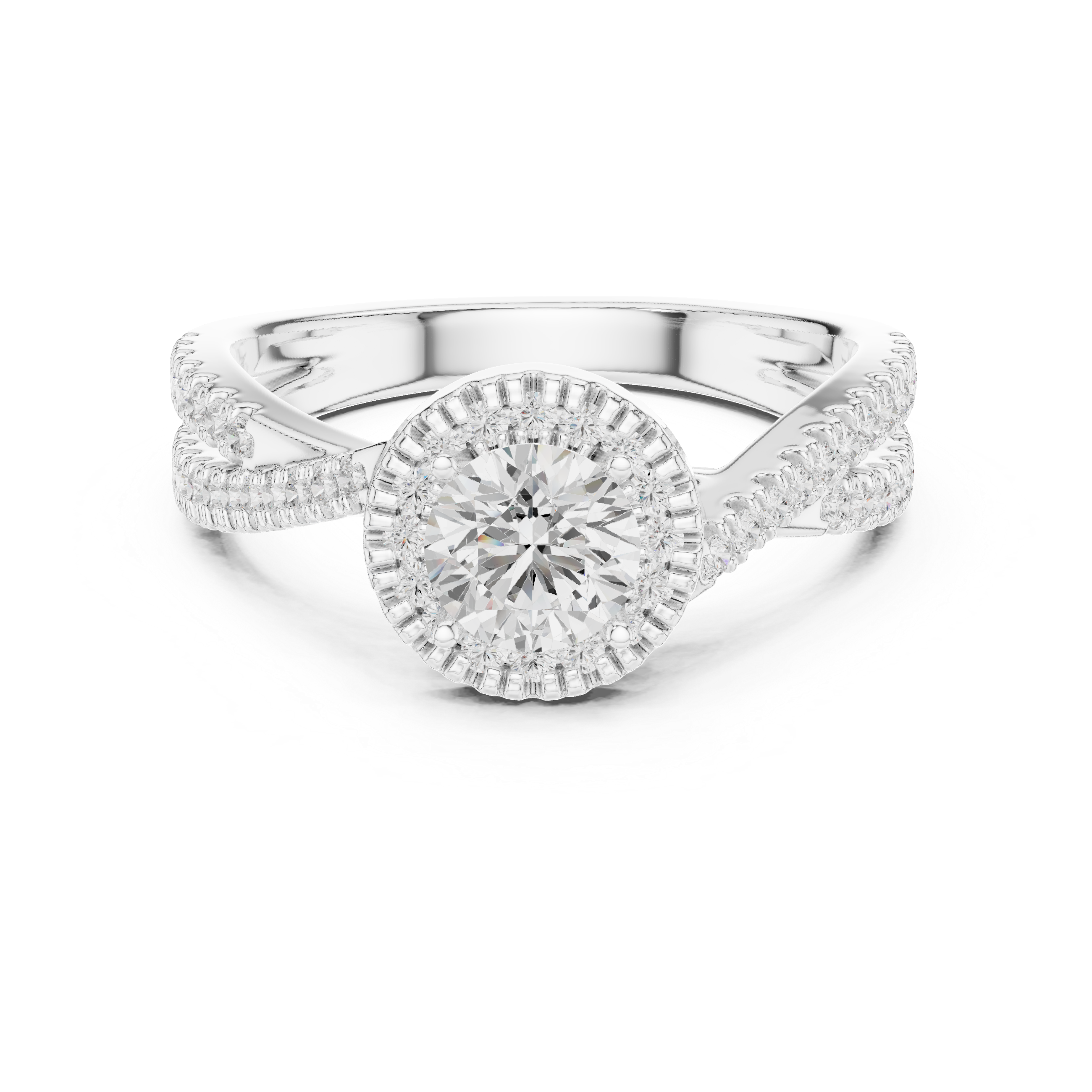Halo Split Shank Diamond Engagement Ring – Round Cut Pavé Bridal Ring