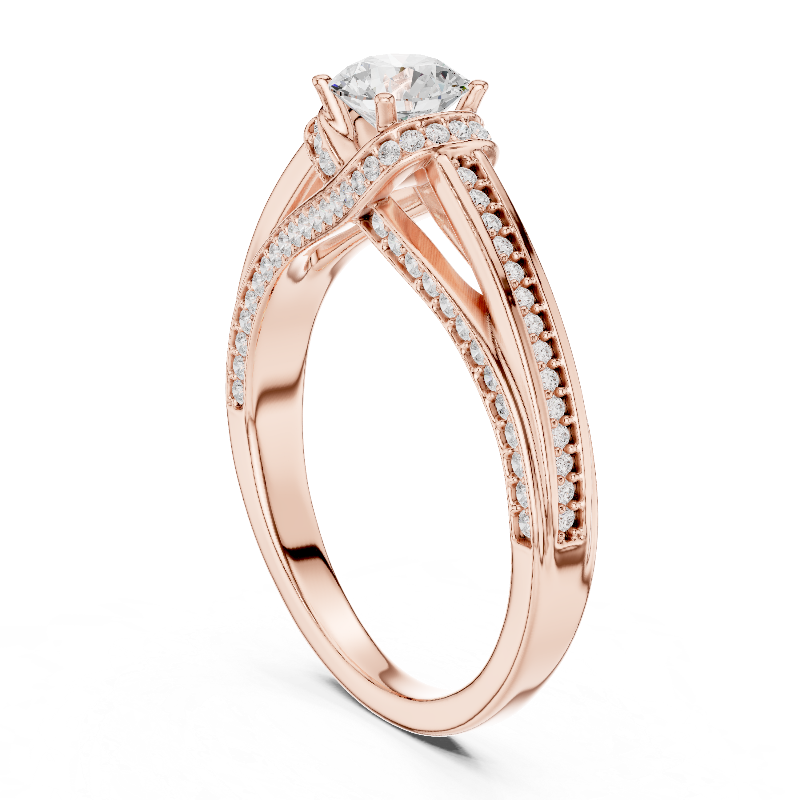 Twisted Split Shank Halo Engagement Ring – Round Cut Pavé Diamond Bridal Ring