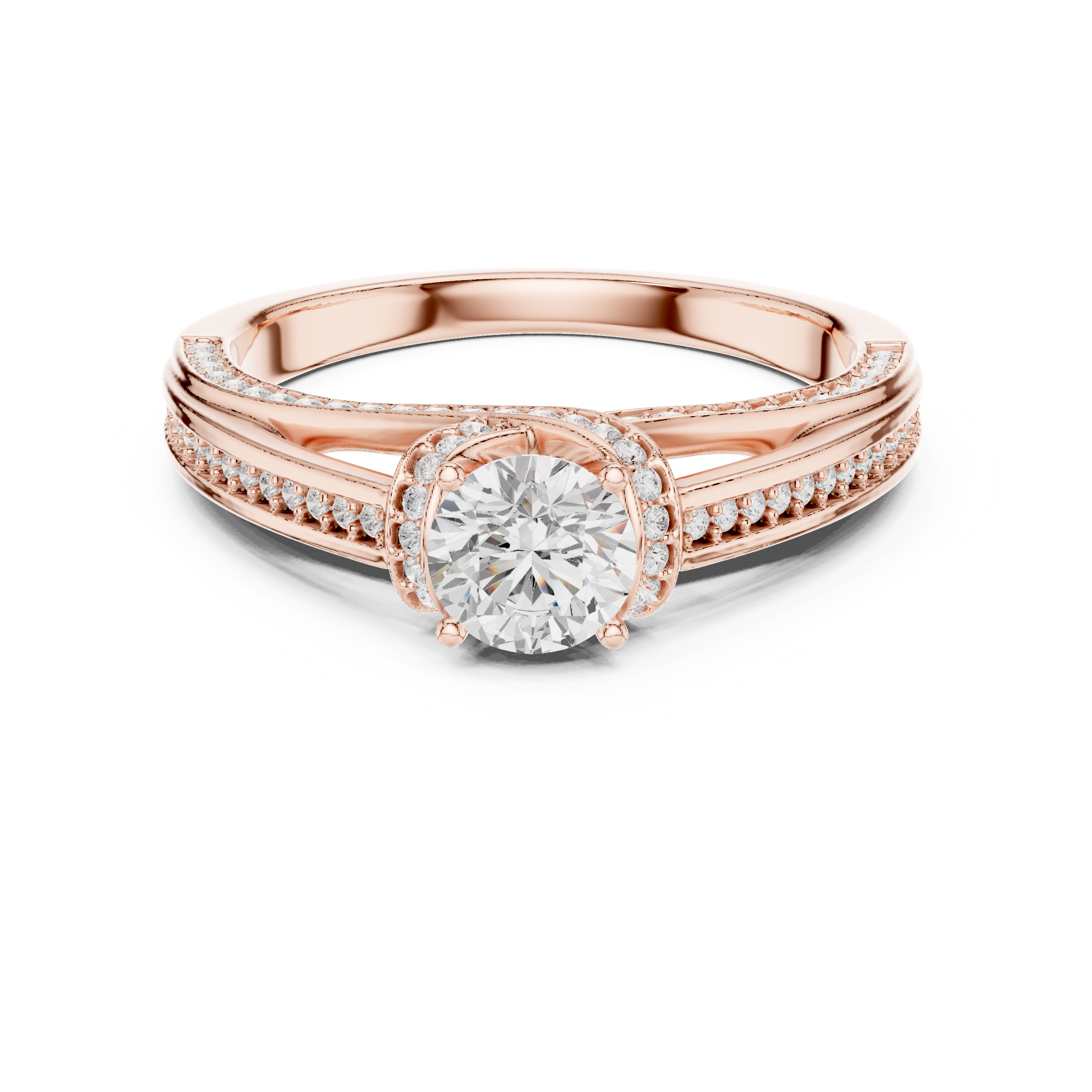 Twisted Split Shank Halo Engagement Ring – Round Cut Pavé Diamond Bridal Ring