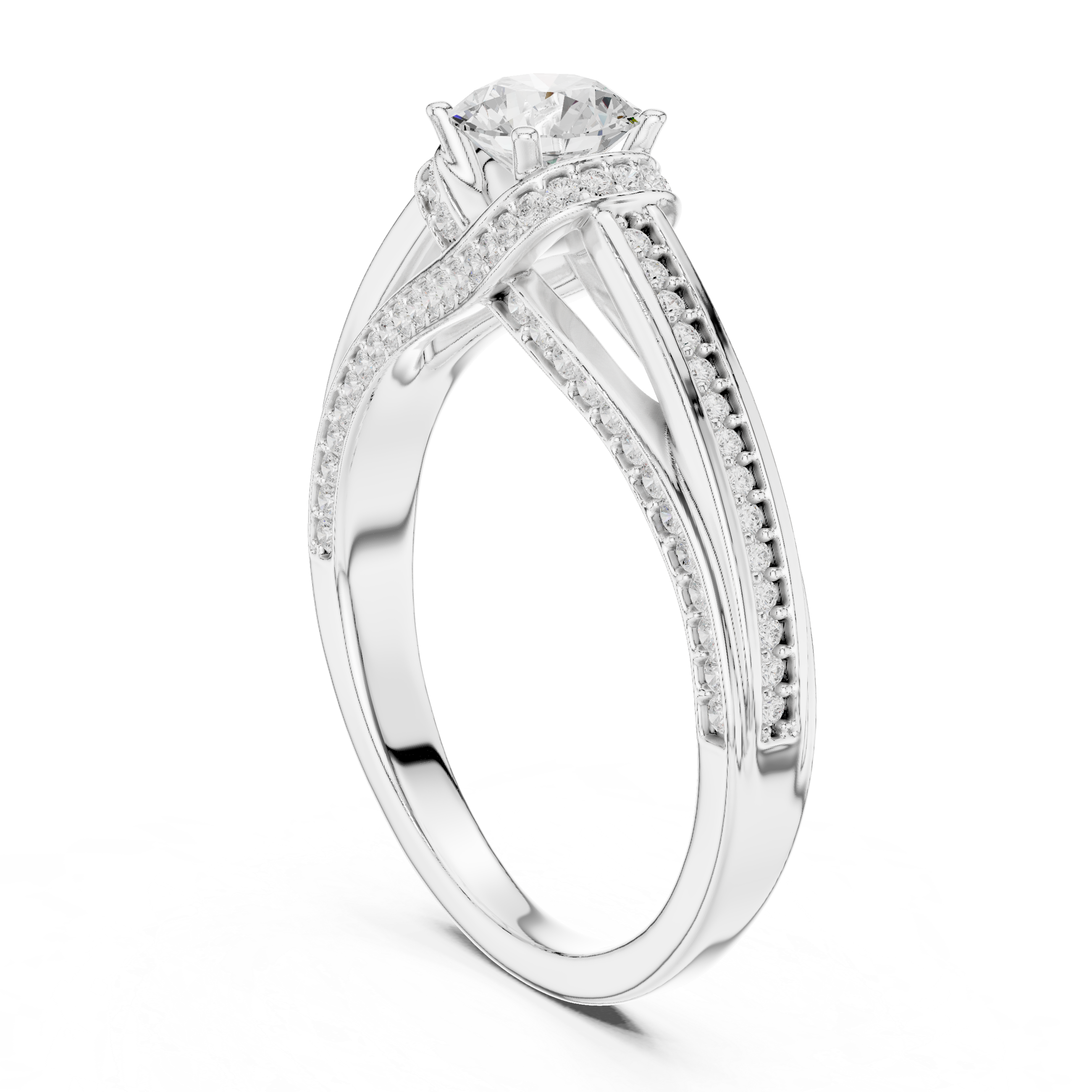 Twisted Split Shank Halo Engagement Ring – Round Cut Pavé Diamond Bridal Ring