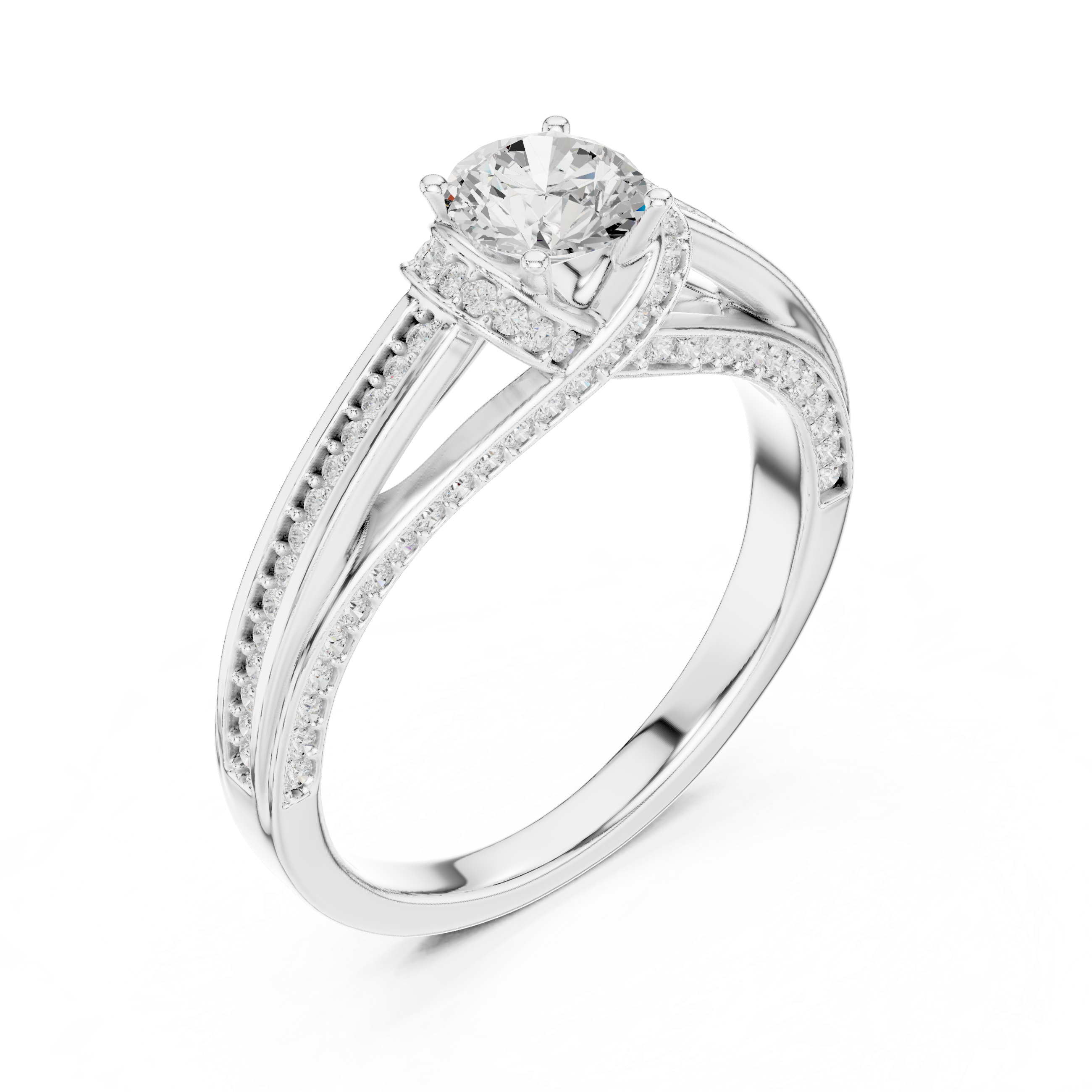 Twisted Split Shank Halo Engagement Ring – Round Cut Pavé Diamond Bridal Ring