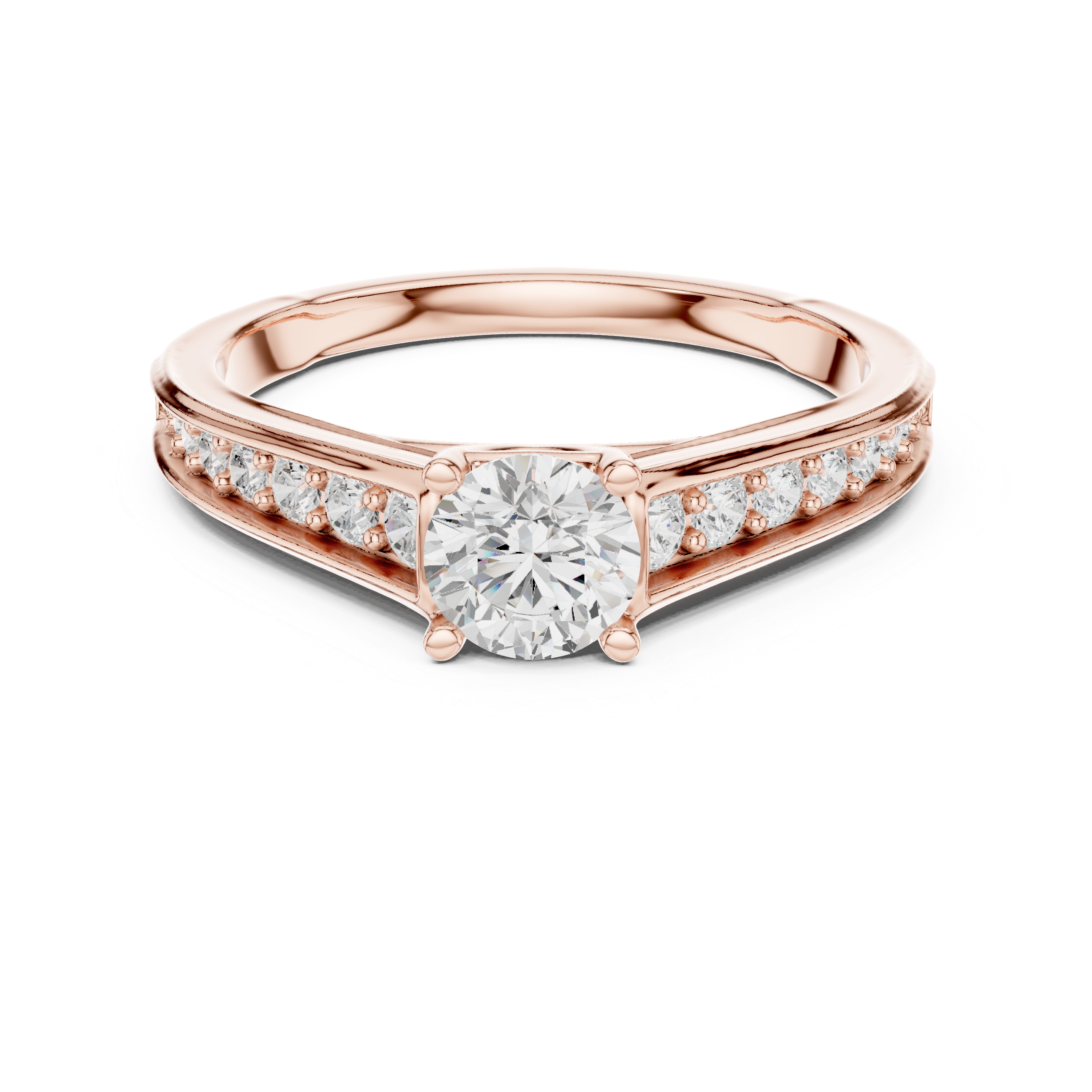 Tapered Pavé Diamond Engagement Ring – Round Solitaire Cathedral Ring