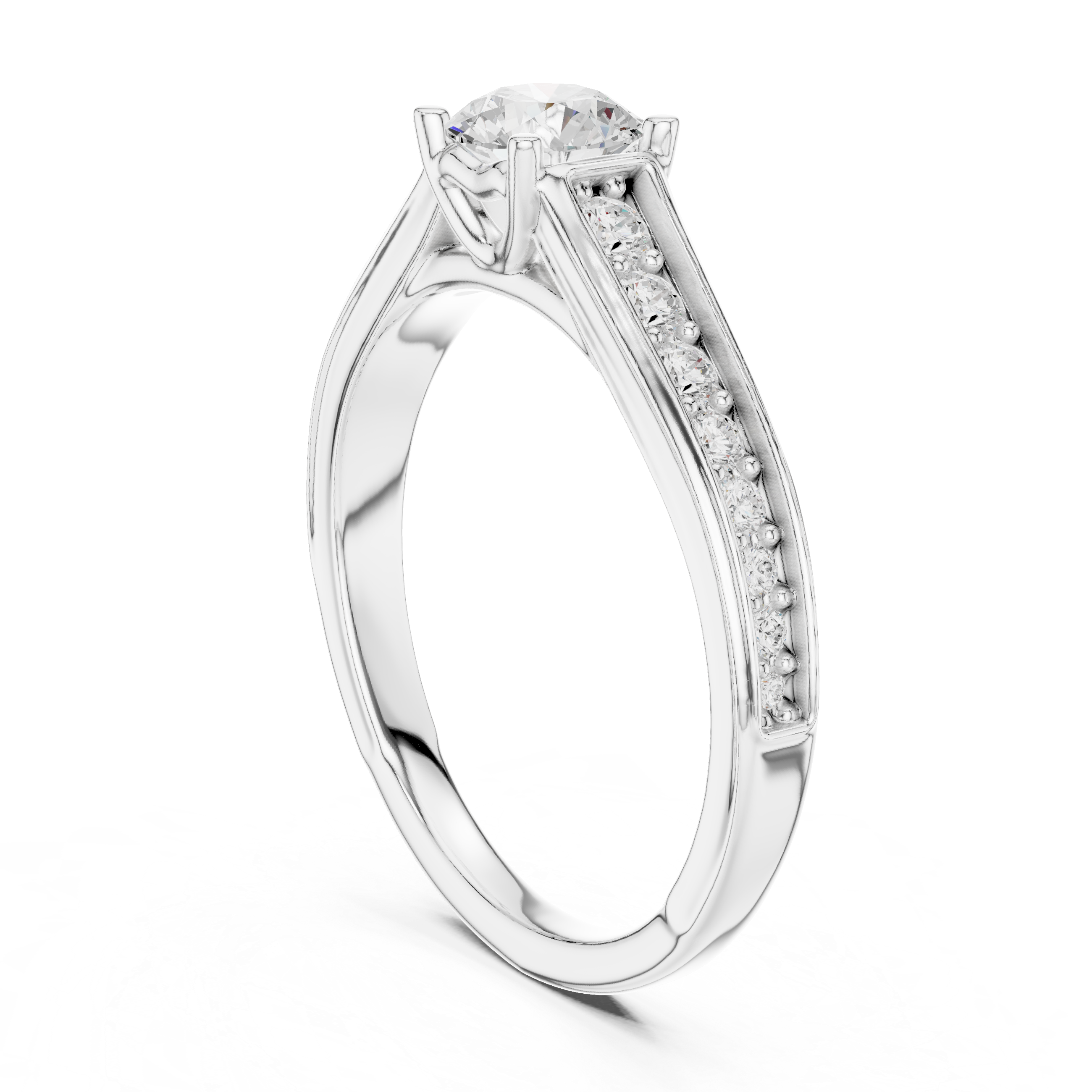 Tapered Pavé Diamond Engagement Ring – Round Solitaire Cathedral Ring