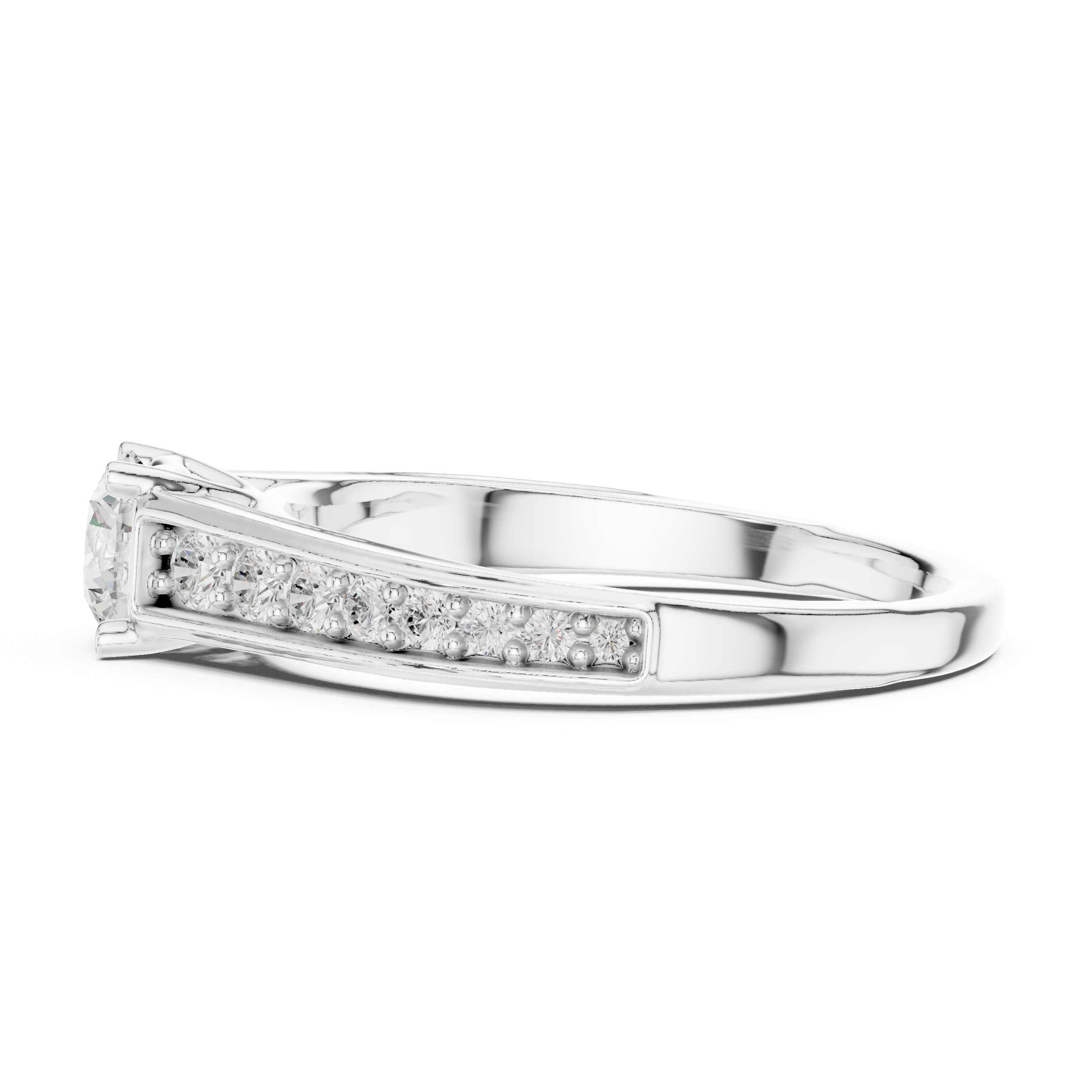 Tapered Pavé Diamond Engagement Ring – Round Solitaire Cathedral Ring