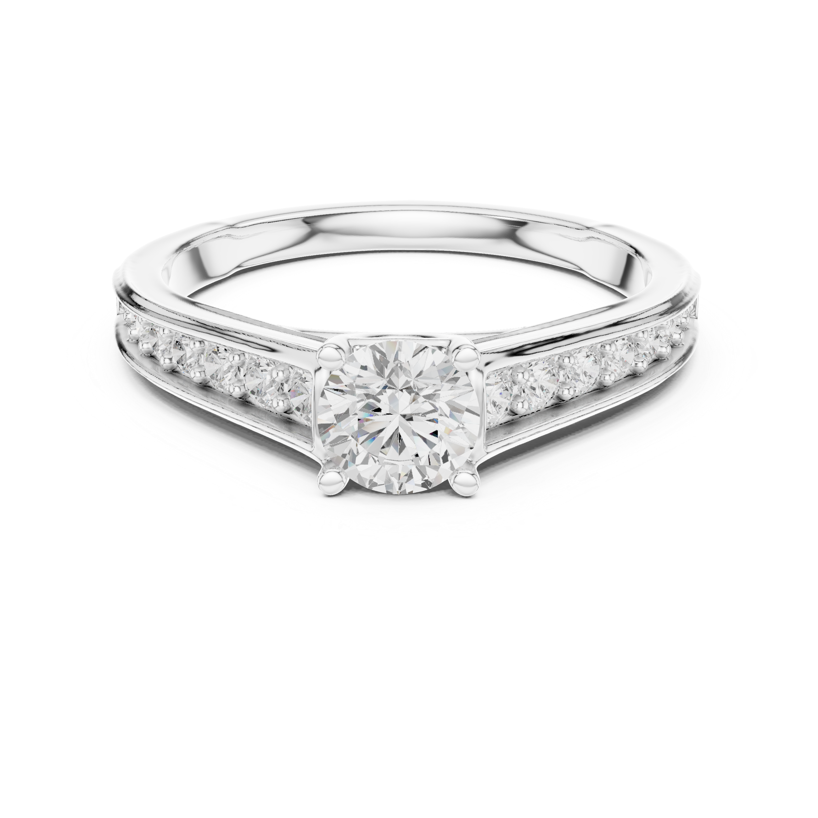 Tapered Pavé Diamond Engagement Ring – Round Solitaire Cathedral Ring