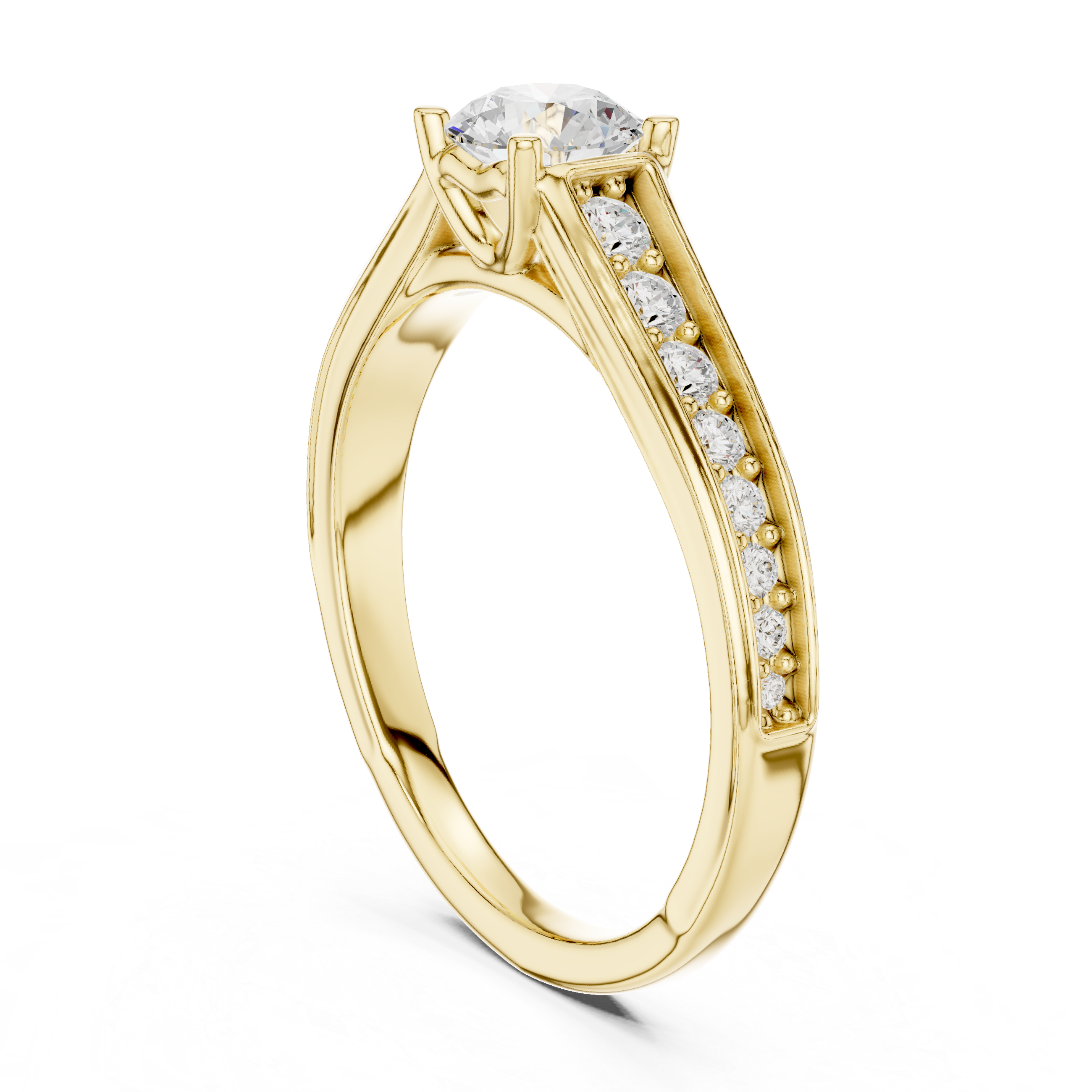 Tapered Pavé Diamond Engagement Ring – Round Solitaire Cathedral Ring