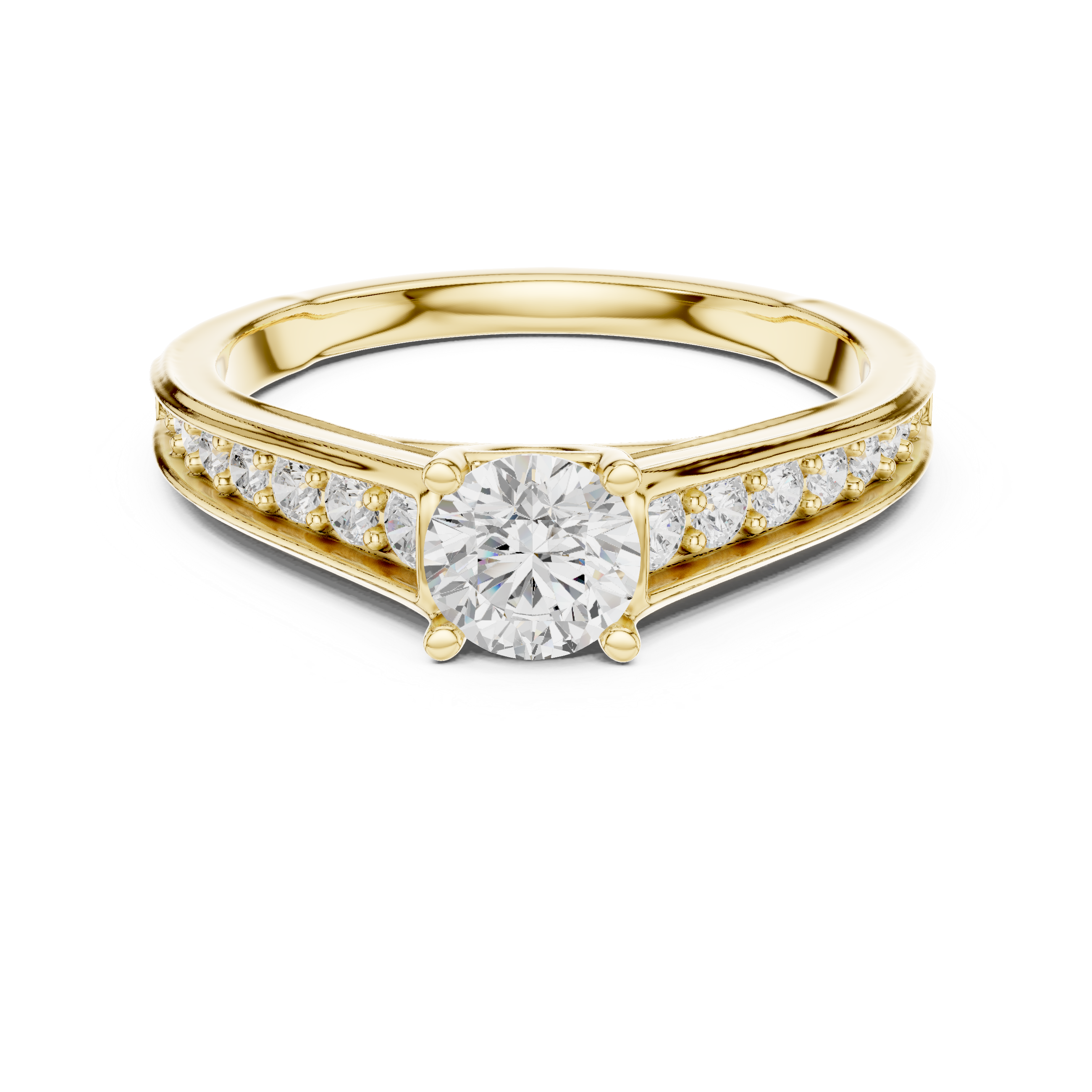 Tapered Pavé Diamond Engagement Ring – Round Solitaire Cathedral Ring