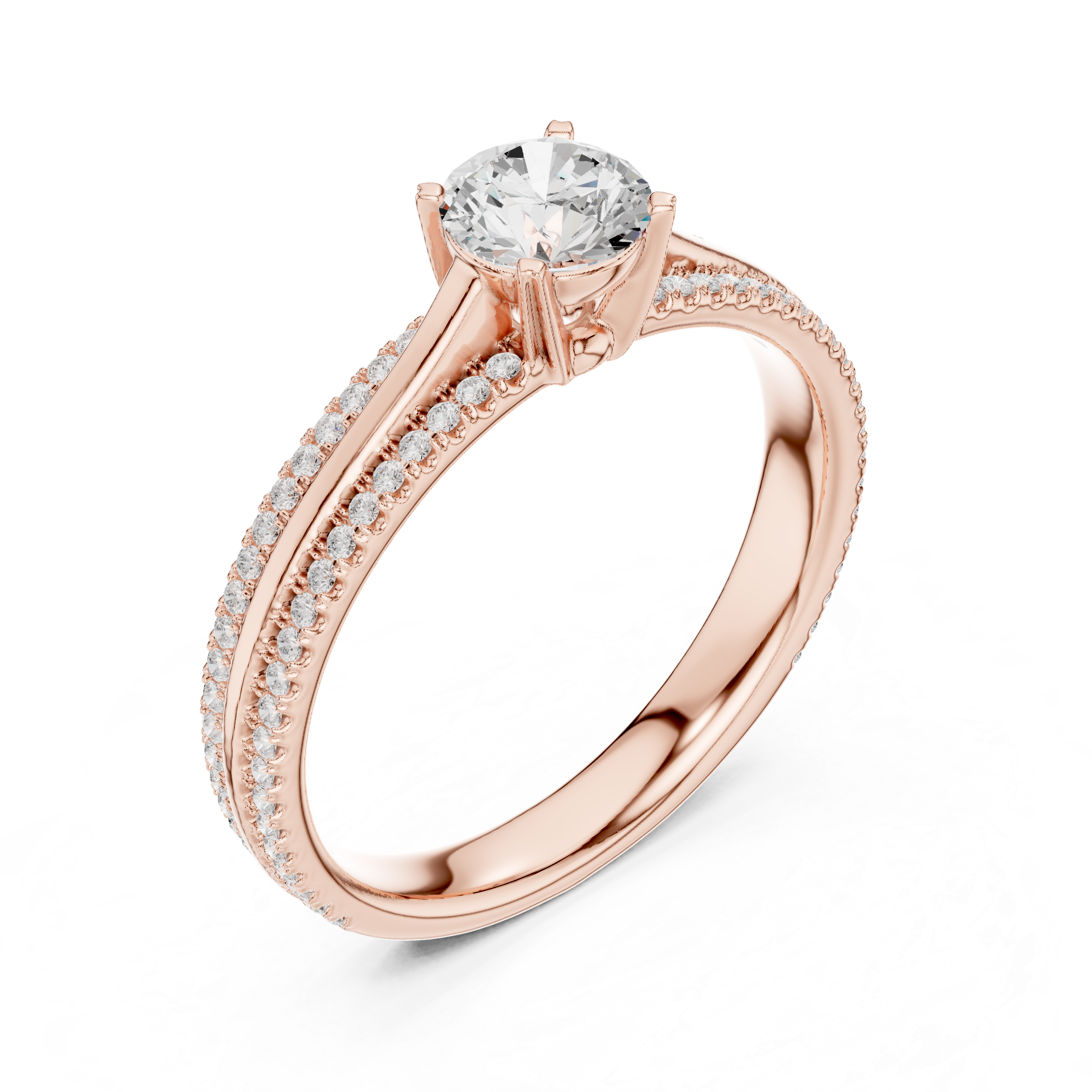 Double Row Pavé Diamond Engagement Ring – Round Solitaire Cathedral Ring