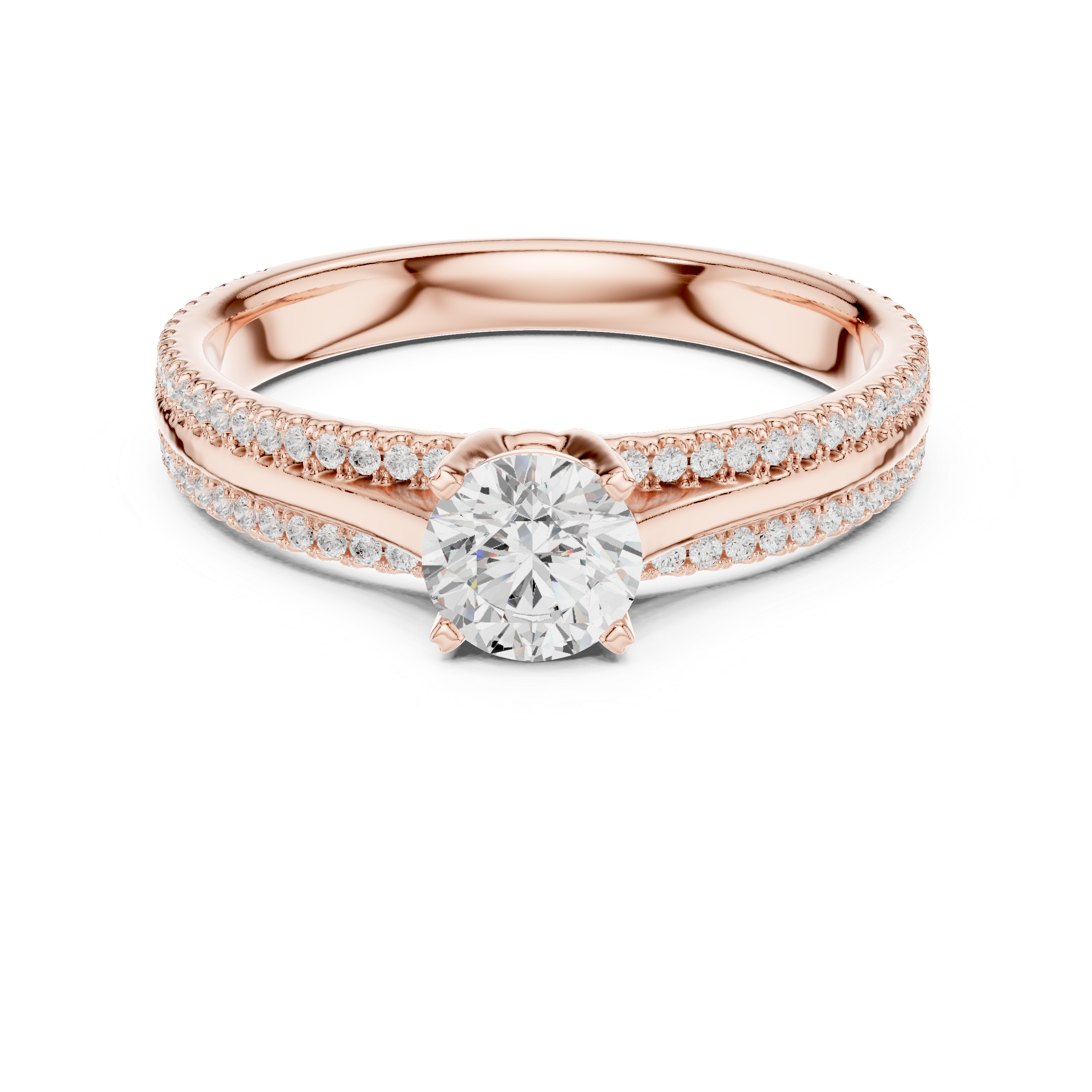Double Row Pavé Diamond Engagement Ring – Round Solitaire Cathedral Ring
