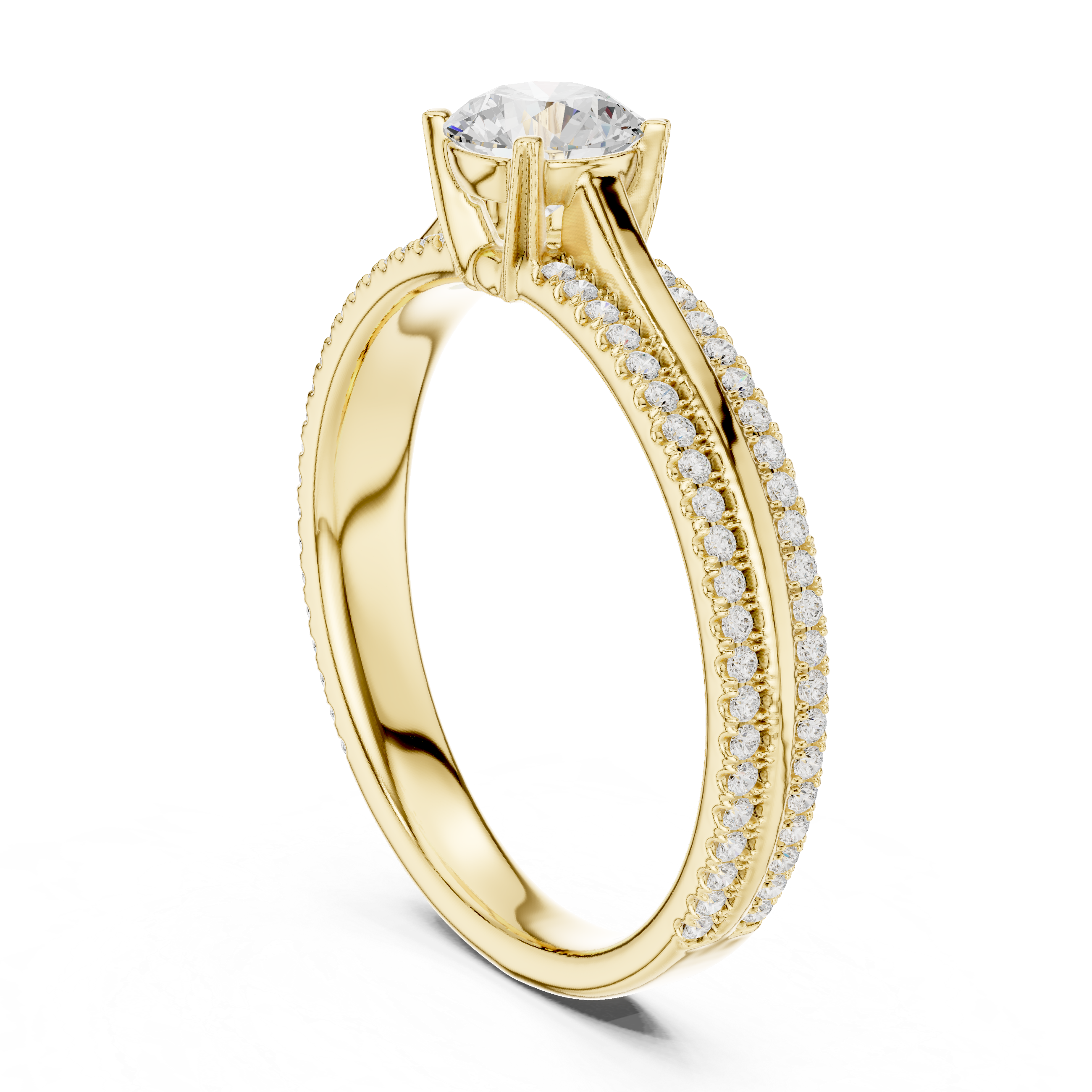 Double Row Pavé Diamond Engagement Ring – Round Solitaire Cathedral Ring