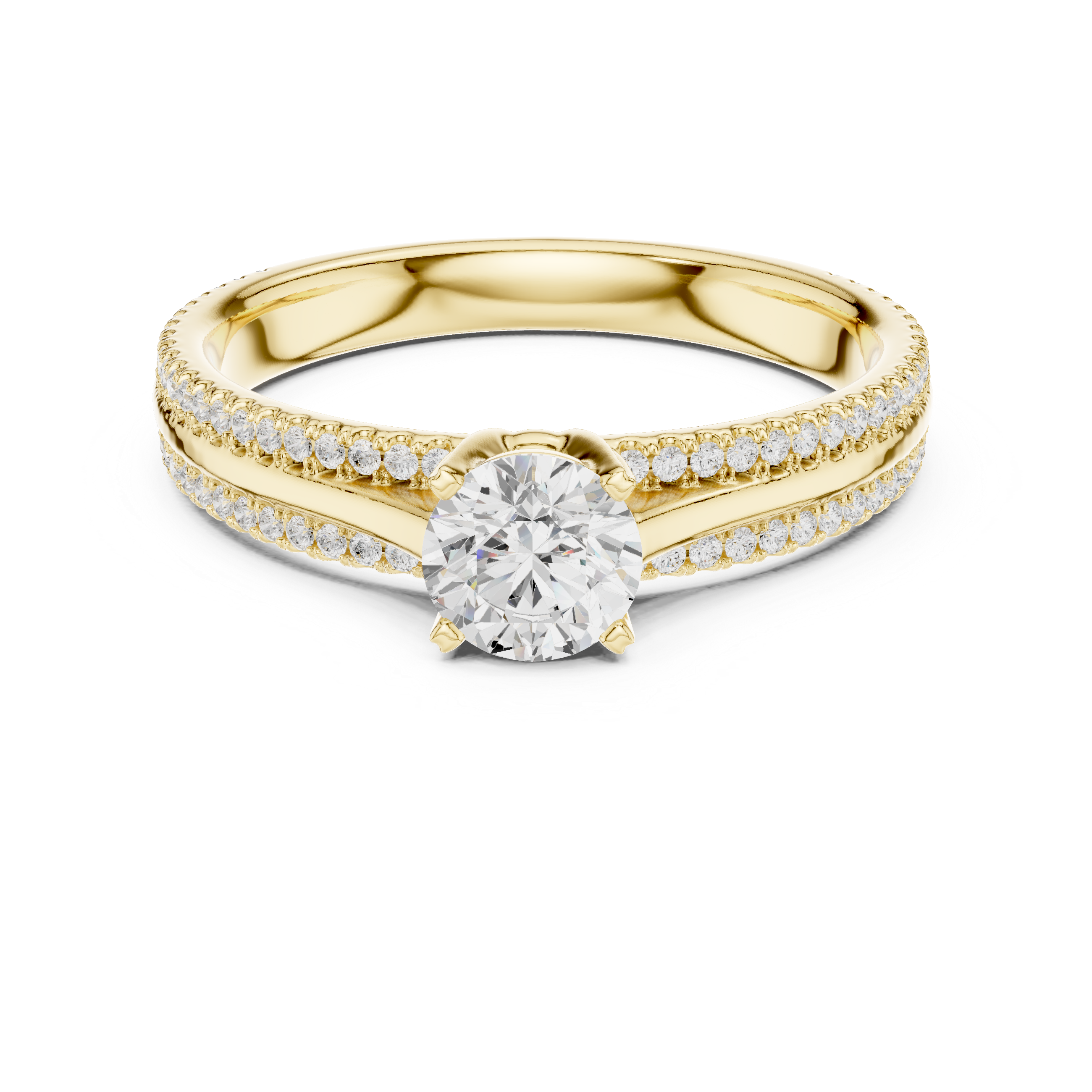 Double Row Pavé Diamond Engagement Ring – Round Solitaire Cathedral Ring