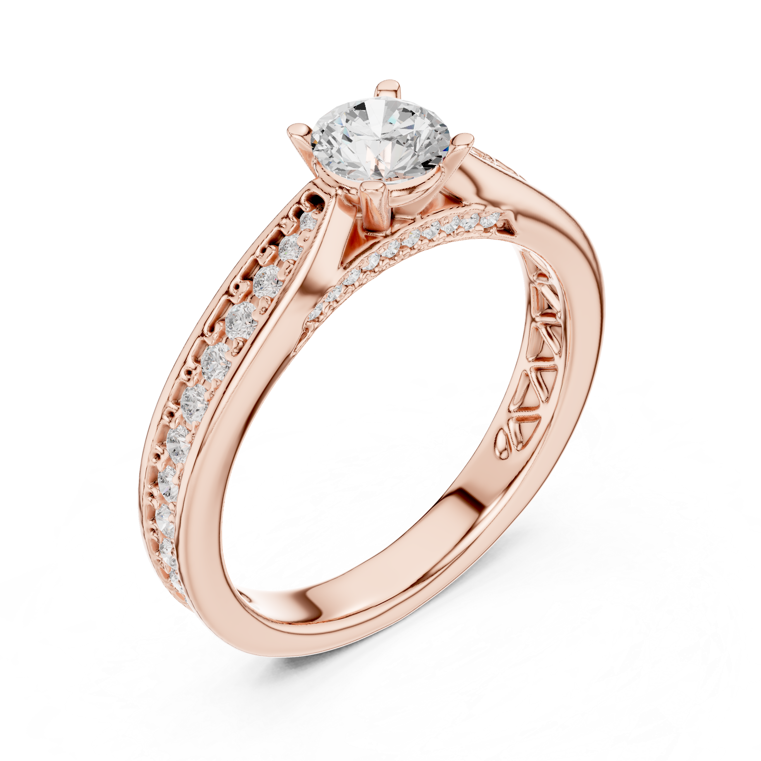 Classic Pavé Diamond Engagement Ring – Round Solitaire Cathedral Band Ring