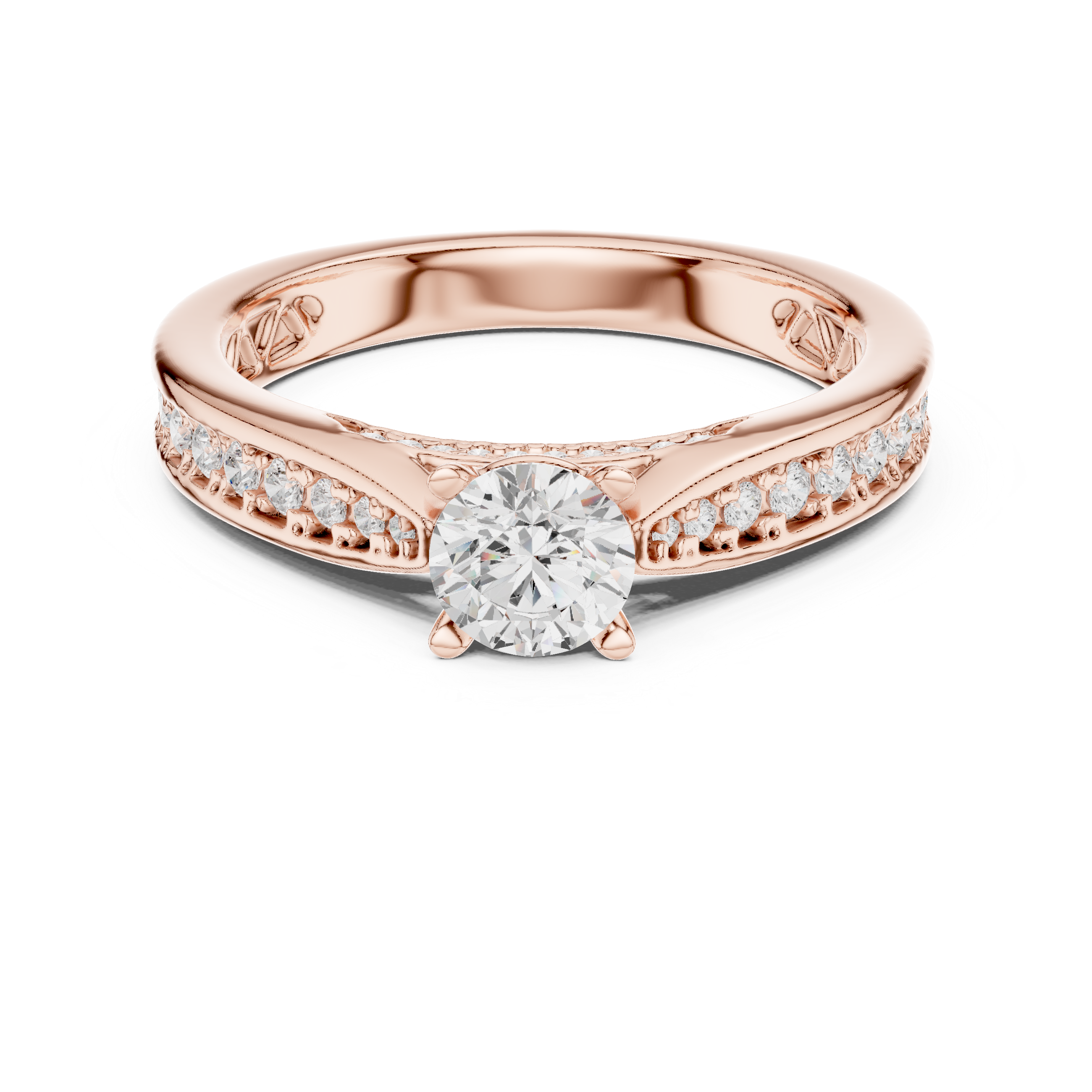 Classic Pavé Diamond Engagement Ring – Round Solitaire Cathedral Band Ring