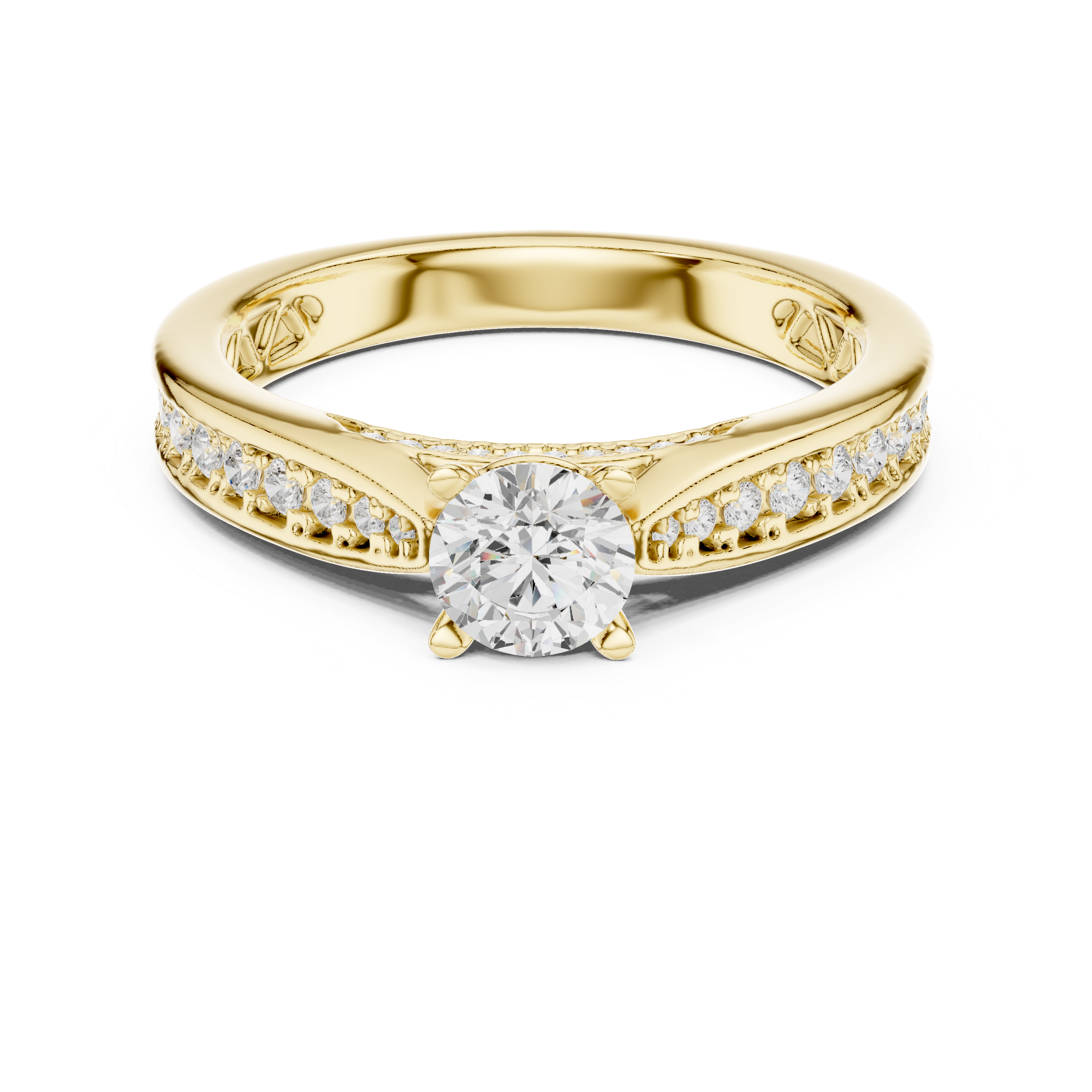 Classic Pavé Diamond Engagement Ring – Round Solitaire Cathedral Band Ring