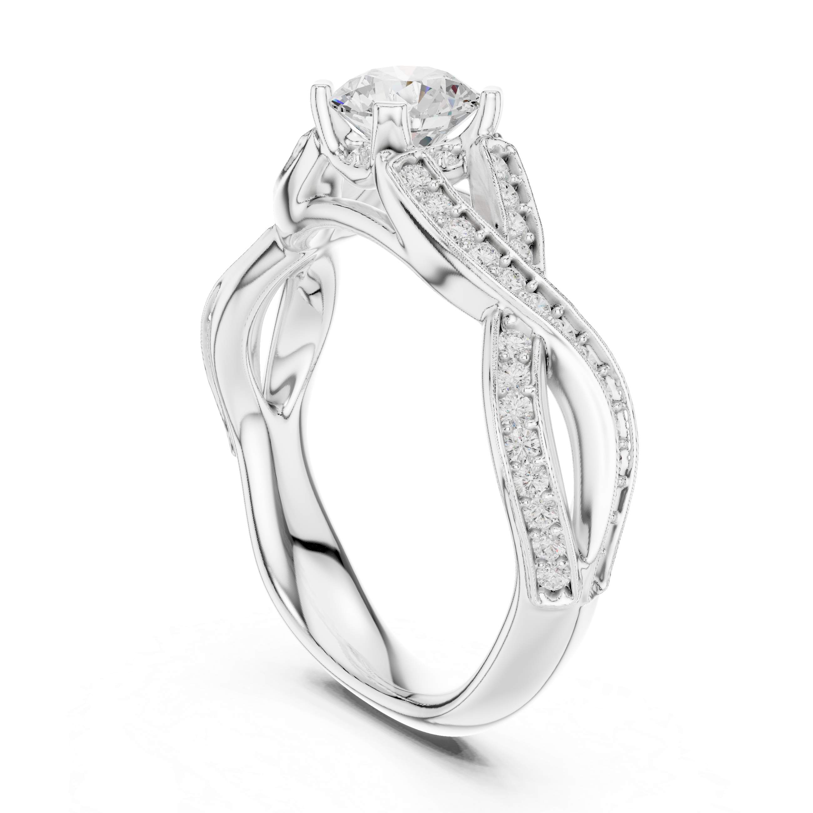 Infinity Twist Diamond Engagement Ring – Round Solitaire Pavé Bridal Ring