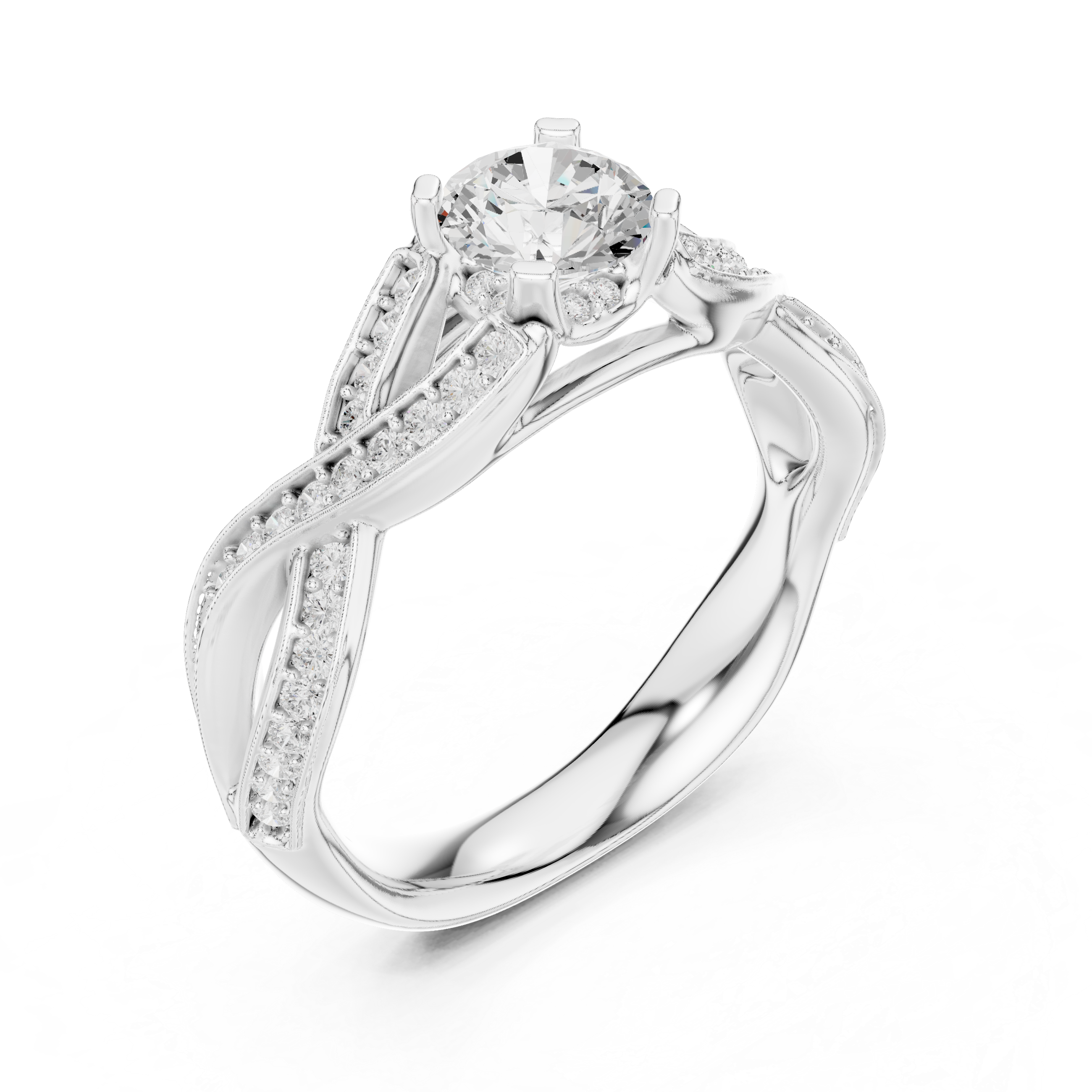 Infinity Twist Diamond Engagement Ring – Round Solitaire Pavé Bridal Ring